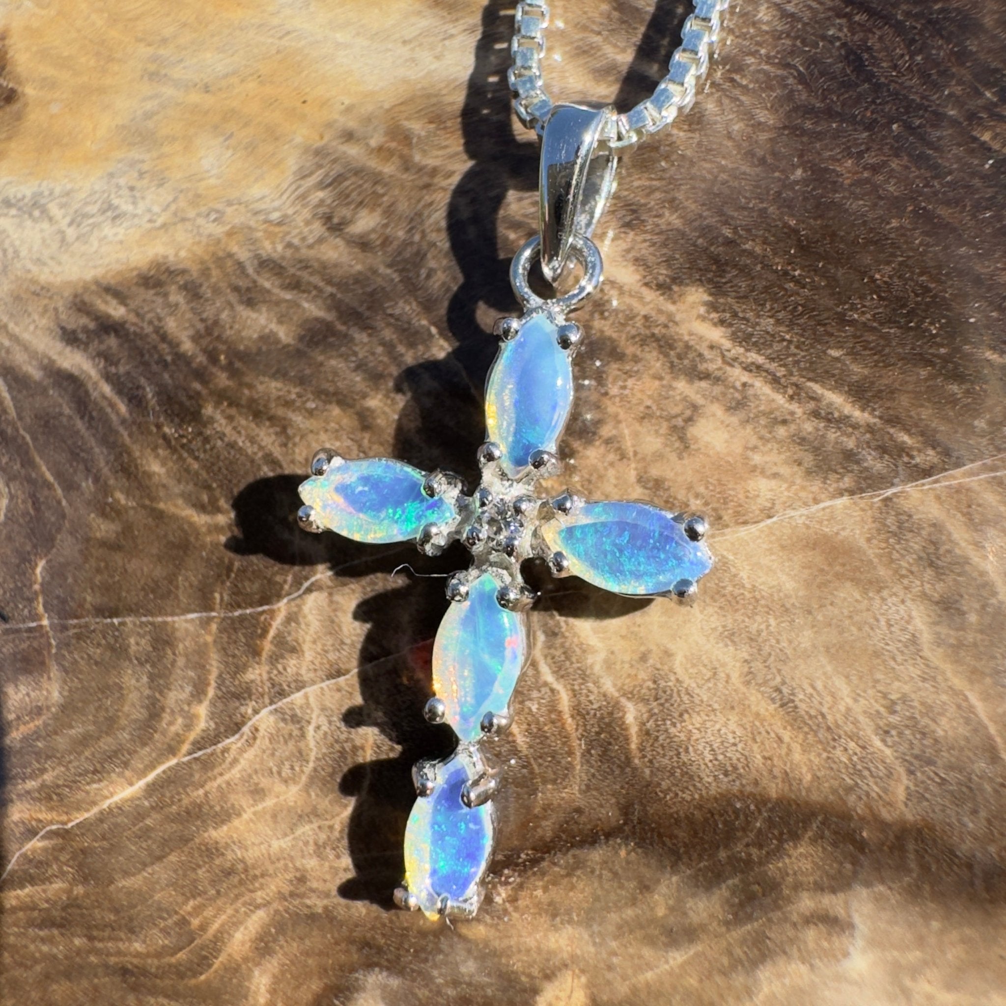 1ct Coober Pedy Opal Cross Pendant Necklace ~ 'Shark Bay Shimmer' | 925 Sterling Silver | Solid Australian Opal
