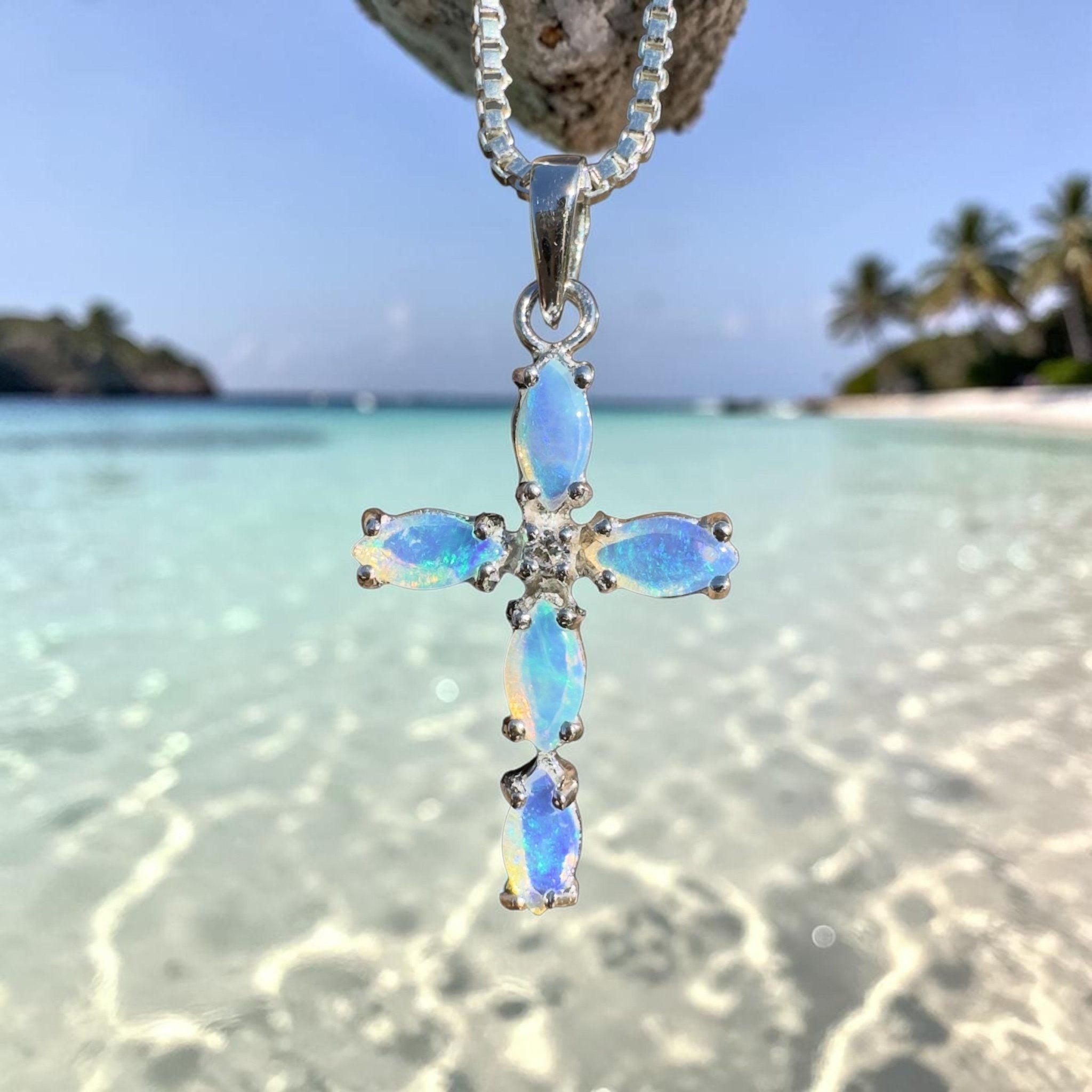 1ct Coober Pedy Opal Cross Pendant Necklace ~ 'Shark Bay Shimmer' | 925 Sterling Silver | Solid Australian Opal