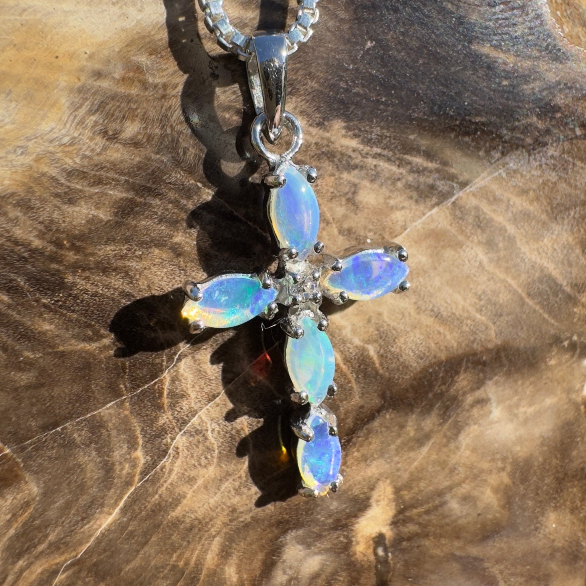 1ct Coober Pedy Opal Cross Pendant Necklace ~ 'Shark Bay Shimmer' | 925 Sterling Silver | Solid Australian Opal