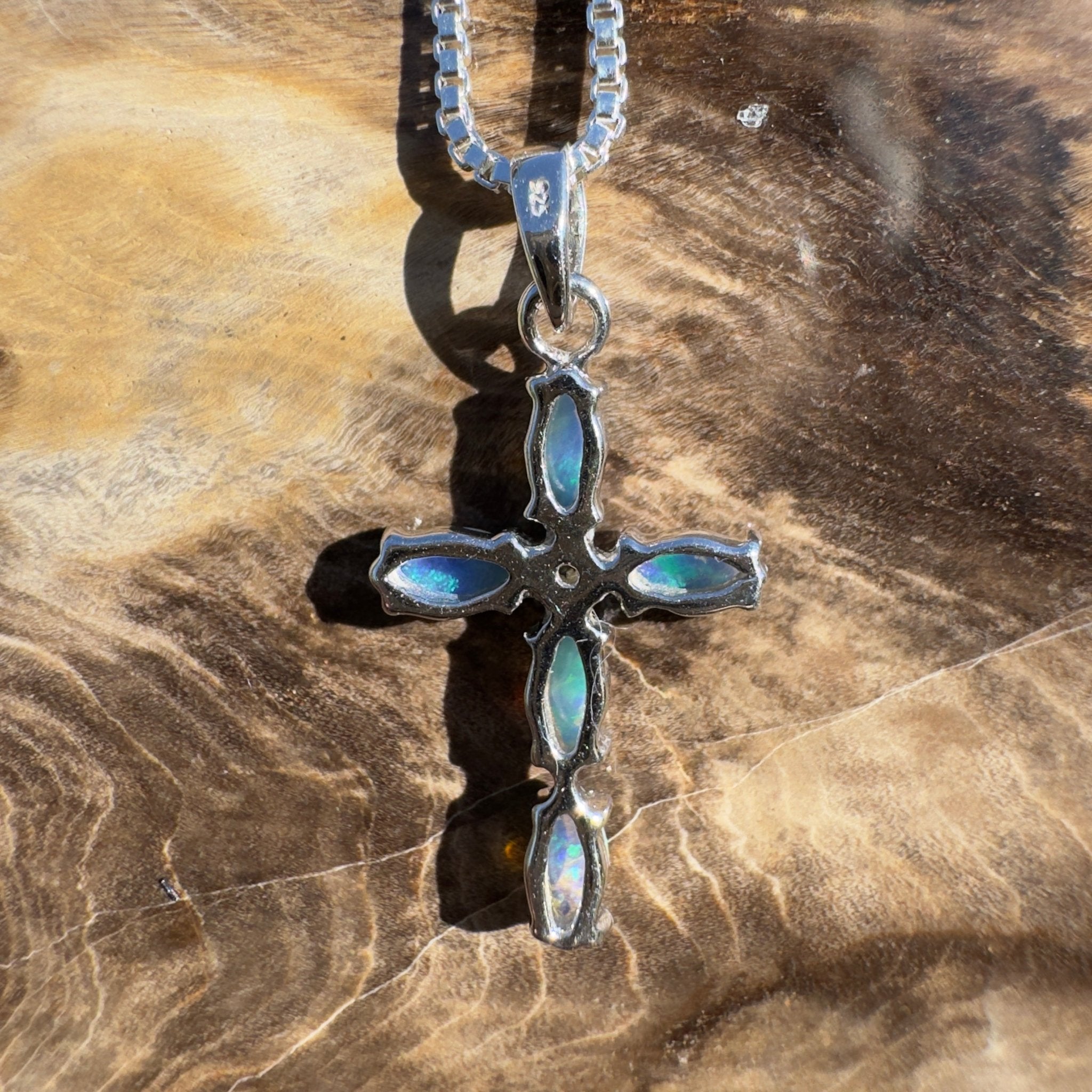 1ct Coober Pedy Opal Cross Pendant Necklace ~ 'Shark Bay Shimmer' | 925 Sterling Silver | Solid Australian Opal
