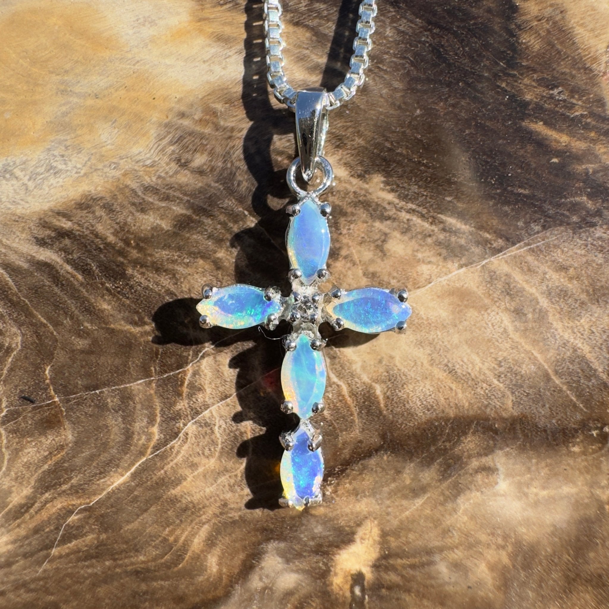 1ct Coober Pedy Opal Cross Pendant Necklace ~ 'Shark Bay Shimmer' | 925 Sterling Silver | Solid Australian Opal