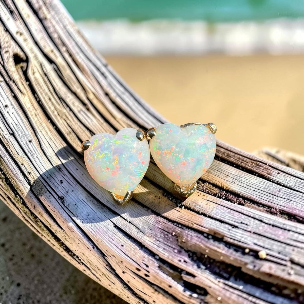 1ct Coober Pedy Opal Heart Stud Earrings ~ 'Hamelin Bay Hearts' | 14ct Yellow Gold | Solid Australian Opal