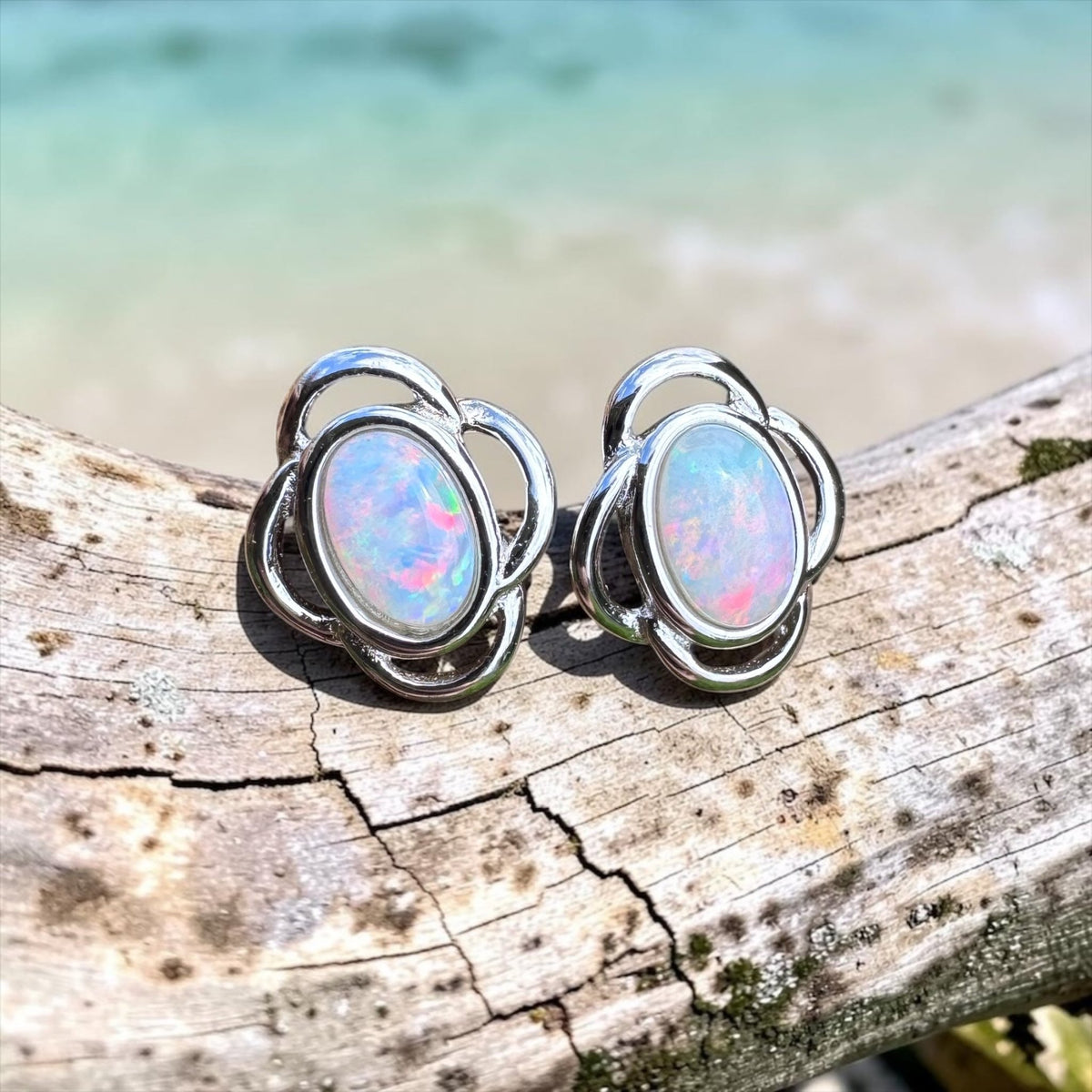 1ct Coober Pedy Opal Stud Earrings ~ 'Whitehaven Colour' | 925 Sterling Silver | Solid Australian Opal
