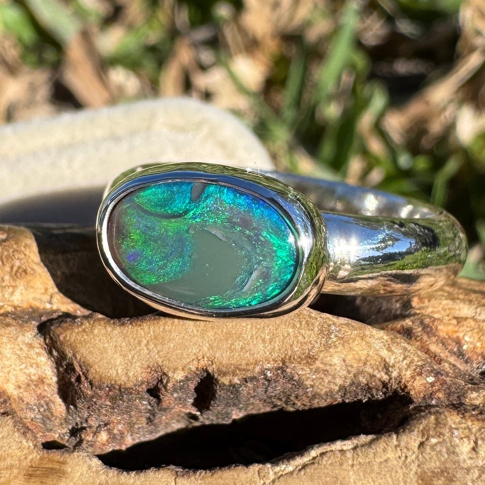 1ct Lightning Ridge Black Opal Ring ~ 'Nullarbor Drift' | 925 Sterling Silver | Solid Australian Opal