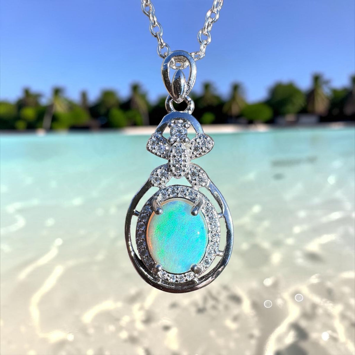 1ct Lightning Ridge Crystal Opal & Cubic Zirconia Pendant Necklace ~ 'Second Valley Greens' | 925 Sterling Silver | Solid Australian Opal