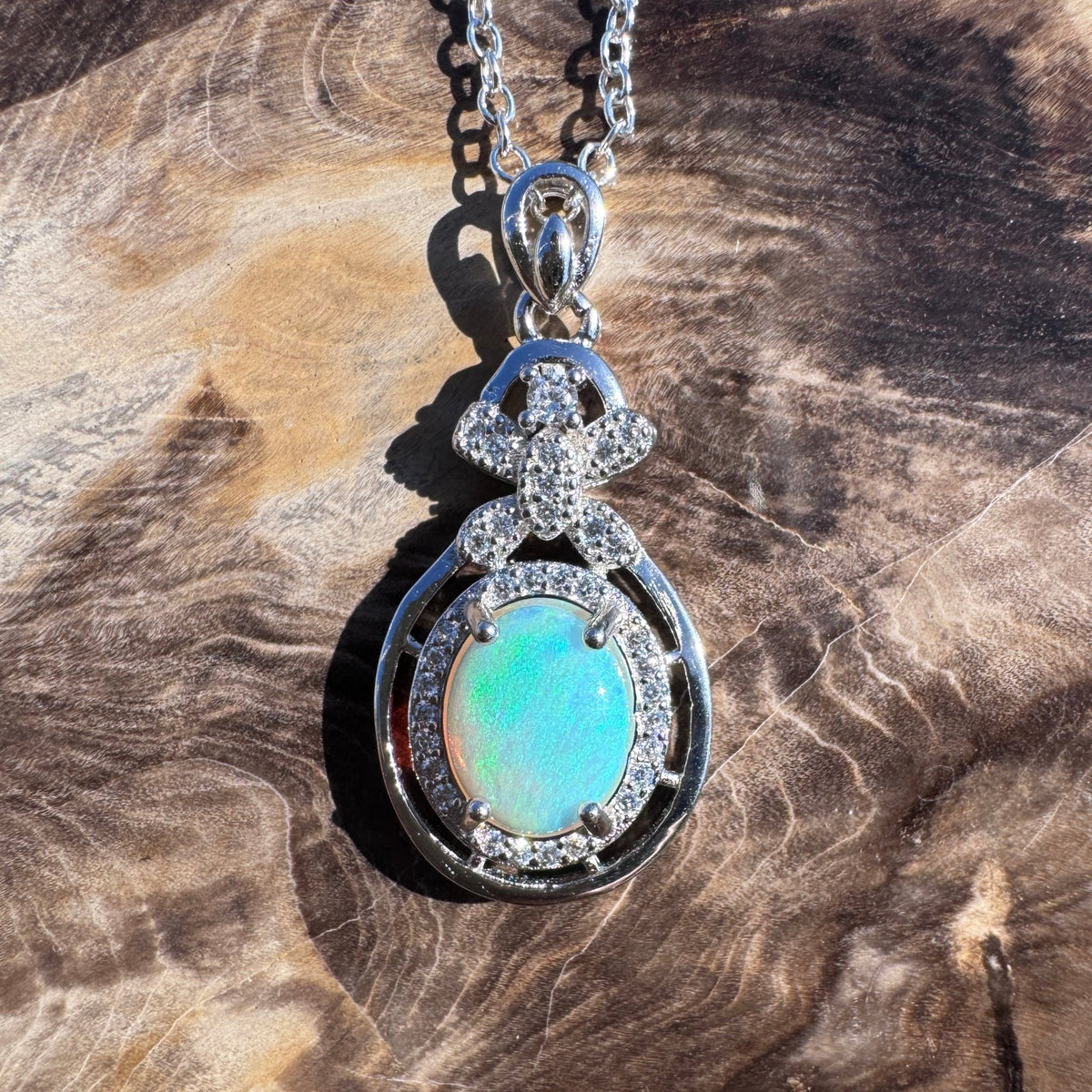 1ct Lightning Ridge Crystal Opal & Cubic Zirconia Pendant Necklace ~ 'Second Valley Greens' | 925 Sterling Silver | Solid Australian Opal