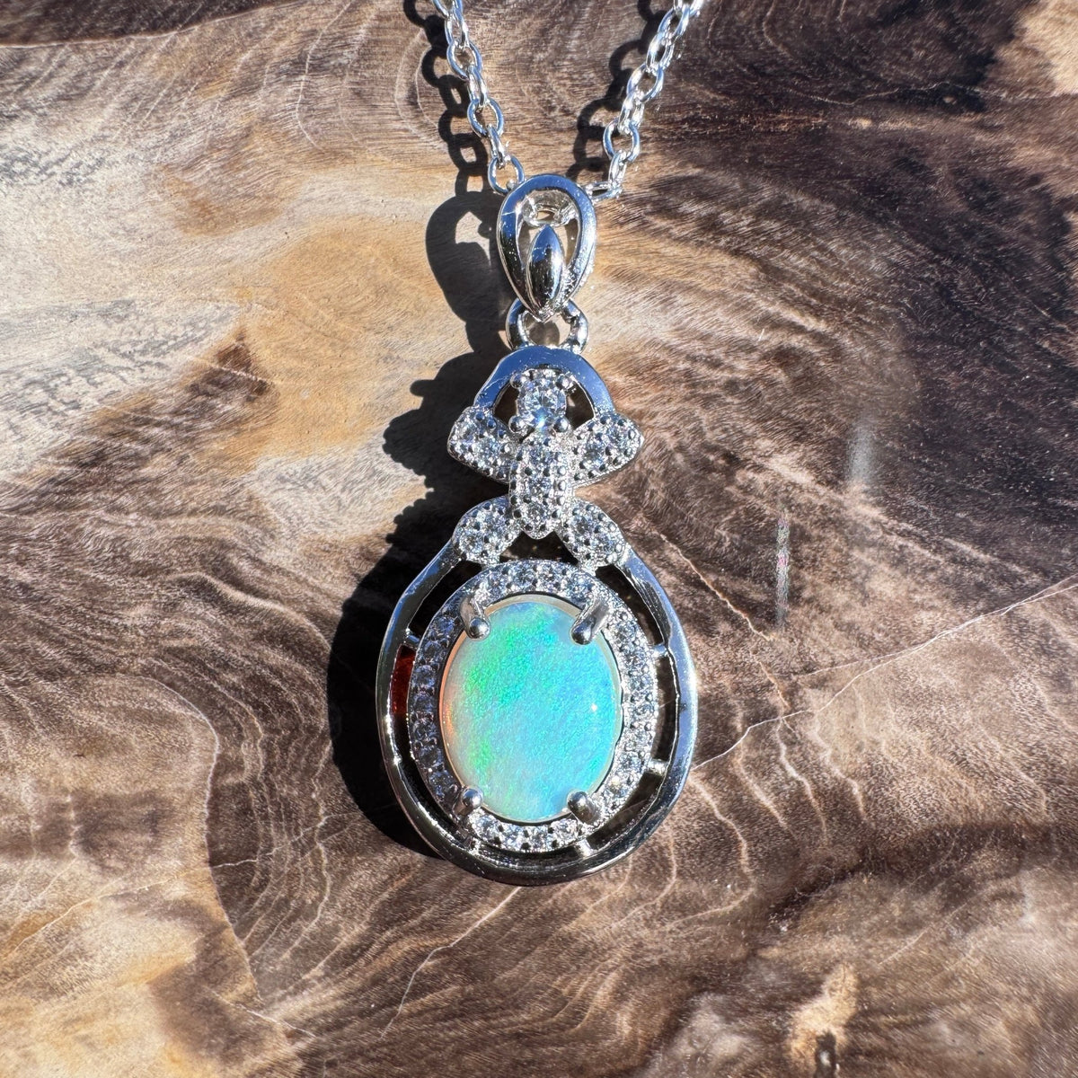 1ct Lightning Ridge Crystal Opal & Cubic Zirconia Pendant Necklace ~ 'Second Valley Greens' | 925 Sterling Silver | Solid Australian Opal