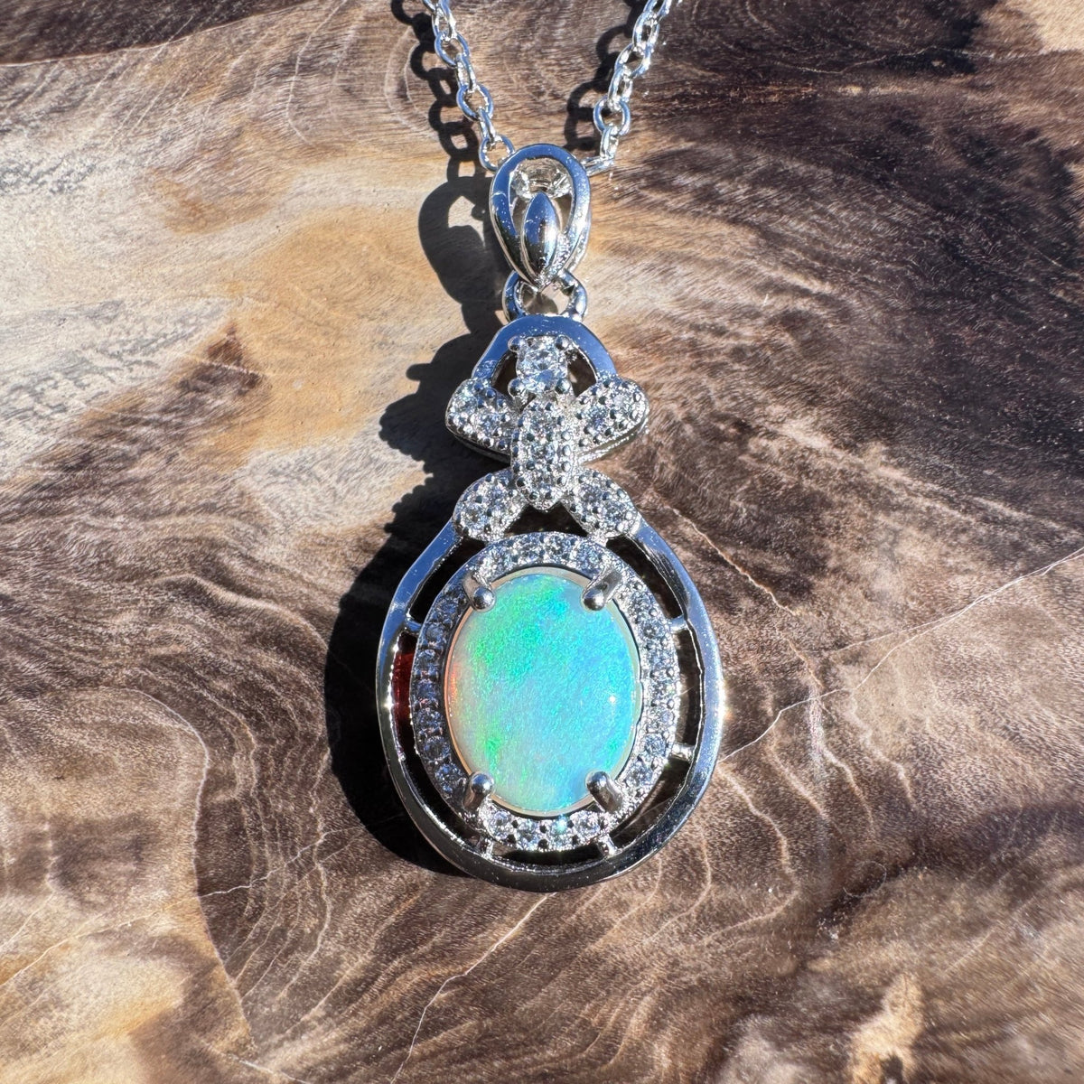 1ct Lightning Ridge Crystal Opal & Cubic Zirconia Pendant Necklace ~ 'Second Valley Greens' | 925 Sterling Silver | Solid Australian Opal