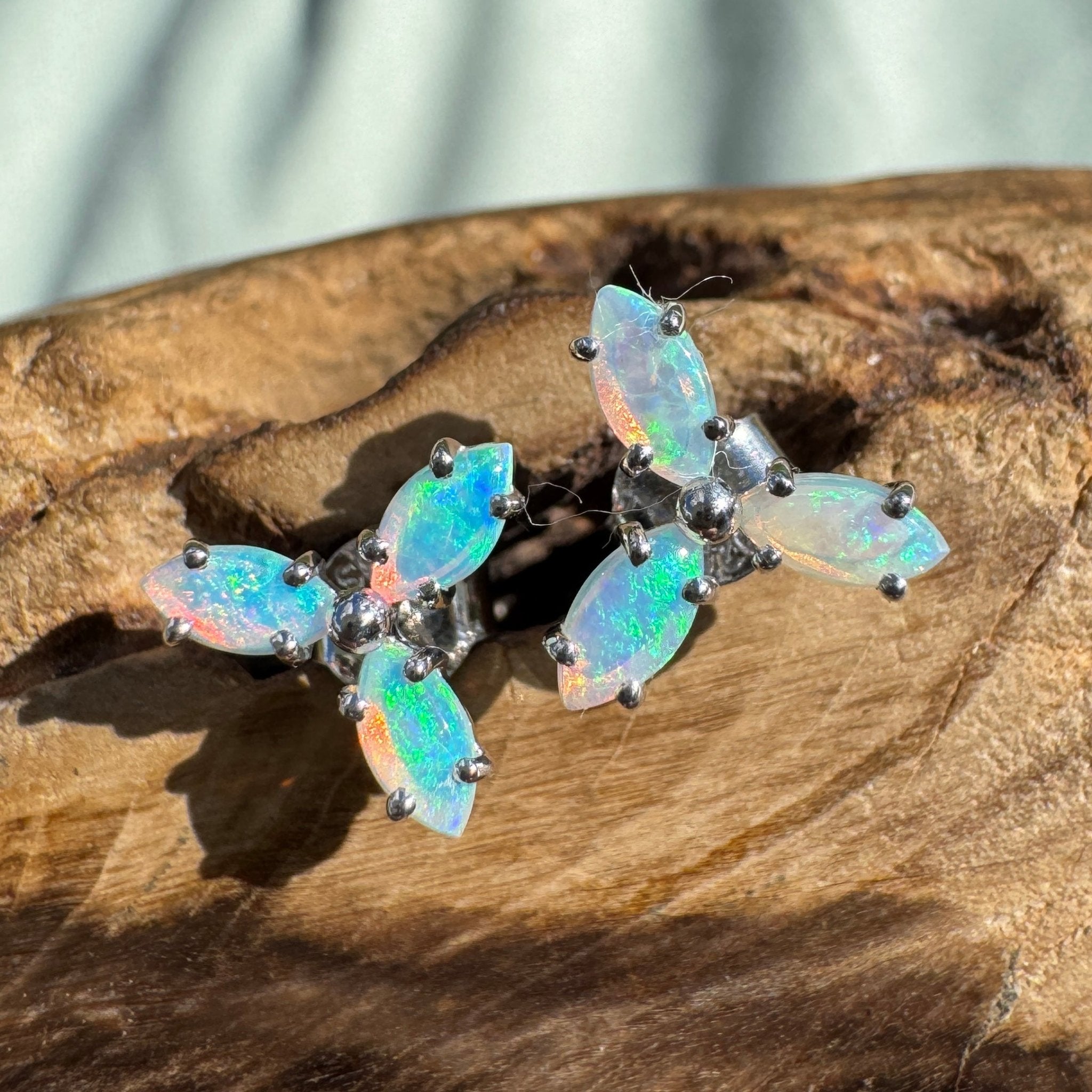 1ct Lightning Ridge Crystal Opal Stud Earrings ~ 'Burleigh Blues' | 925 Sterling Silver | Solid Australian Opal