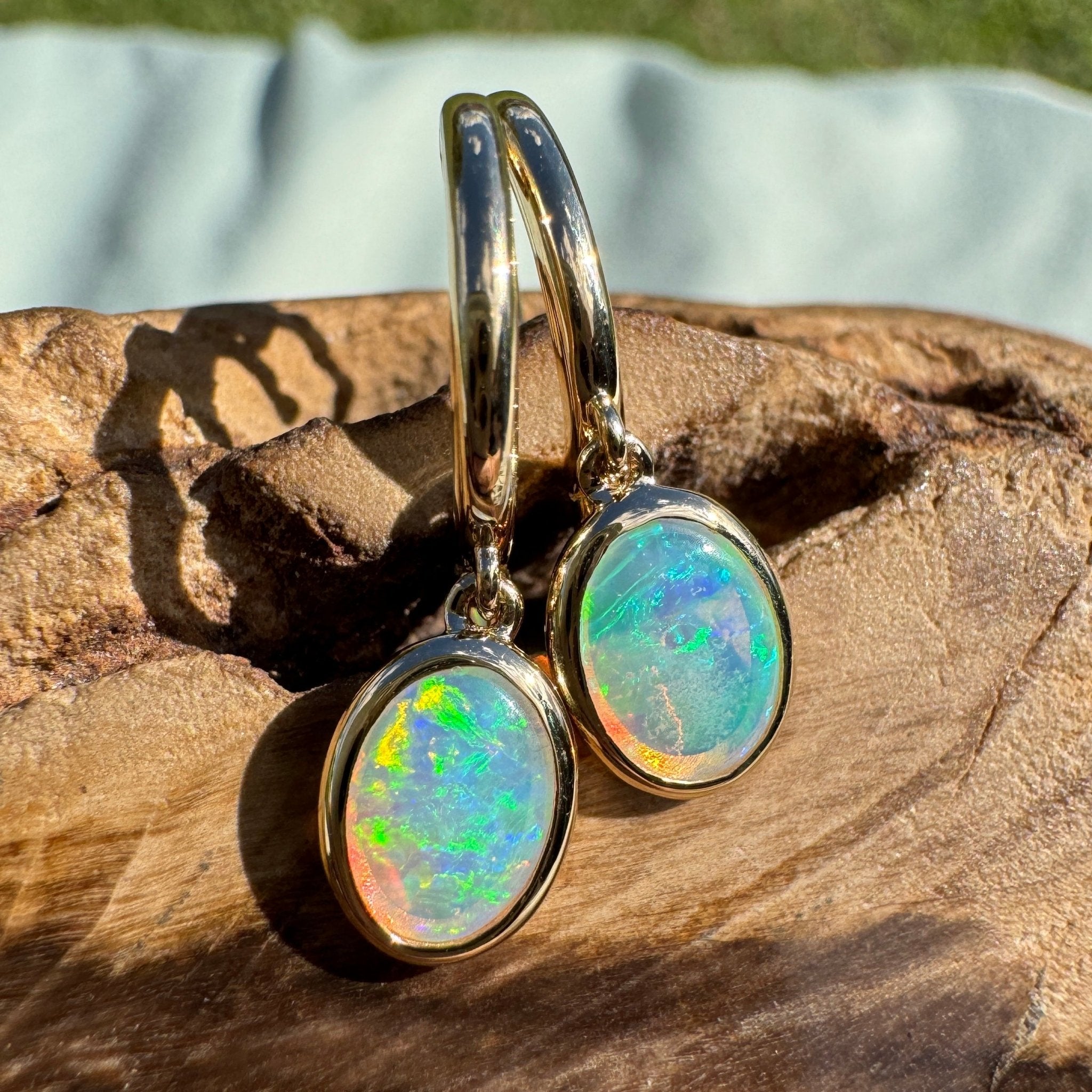 1ct Lightning Ridge Opal Stud Drop Earrings ~ 'Turquoise Bay Drop' | 14ct Yellow Gold | Solid Australian Opal
