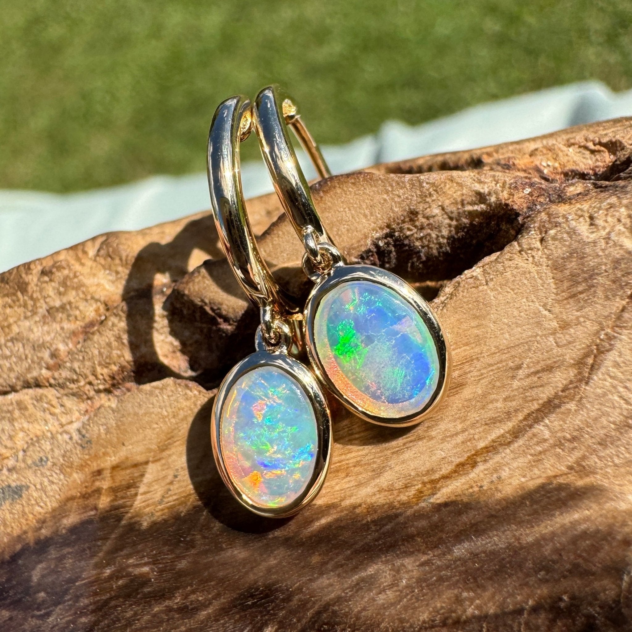 1ct Lightning Ridge Opal Stud Drop Earrings ~ 'Turquoise Bay Drop' | 14ct Yellow Gold | Solid Australian Opal
