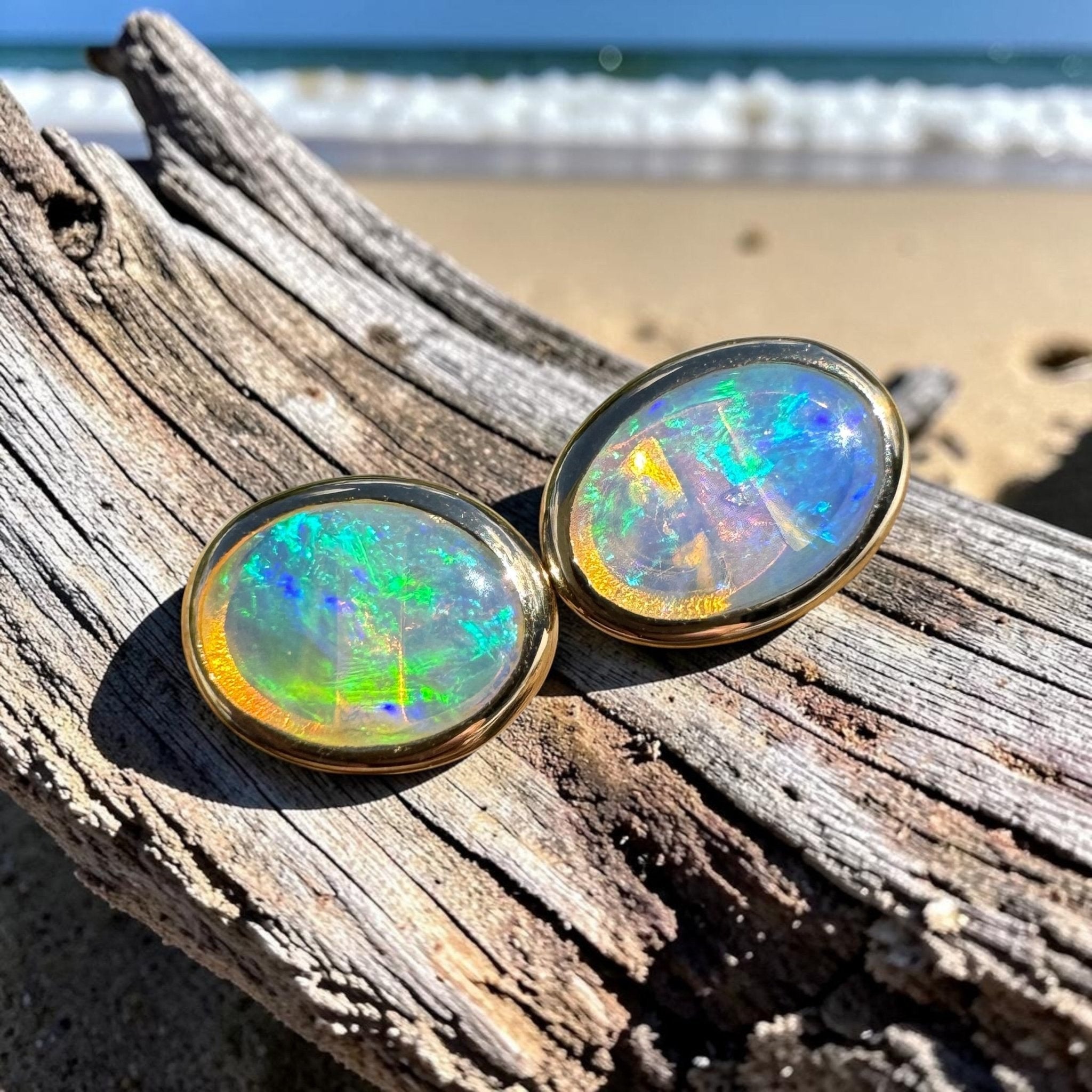1ct Lightning Ridge Opal Stud Earrings ~ 'Freycinet Light' | 14ct Yellow Gold | Solid Australian Opal