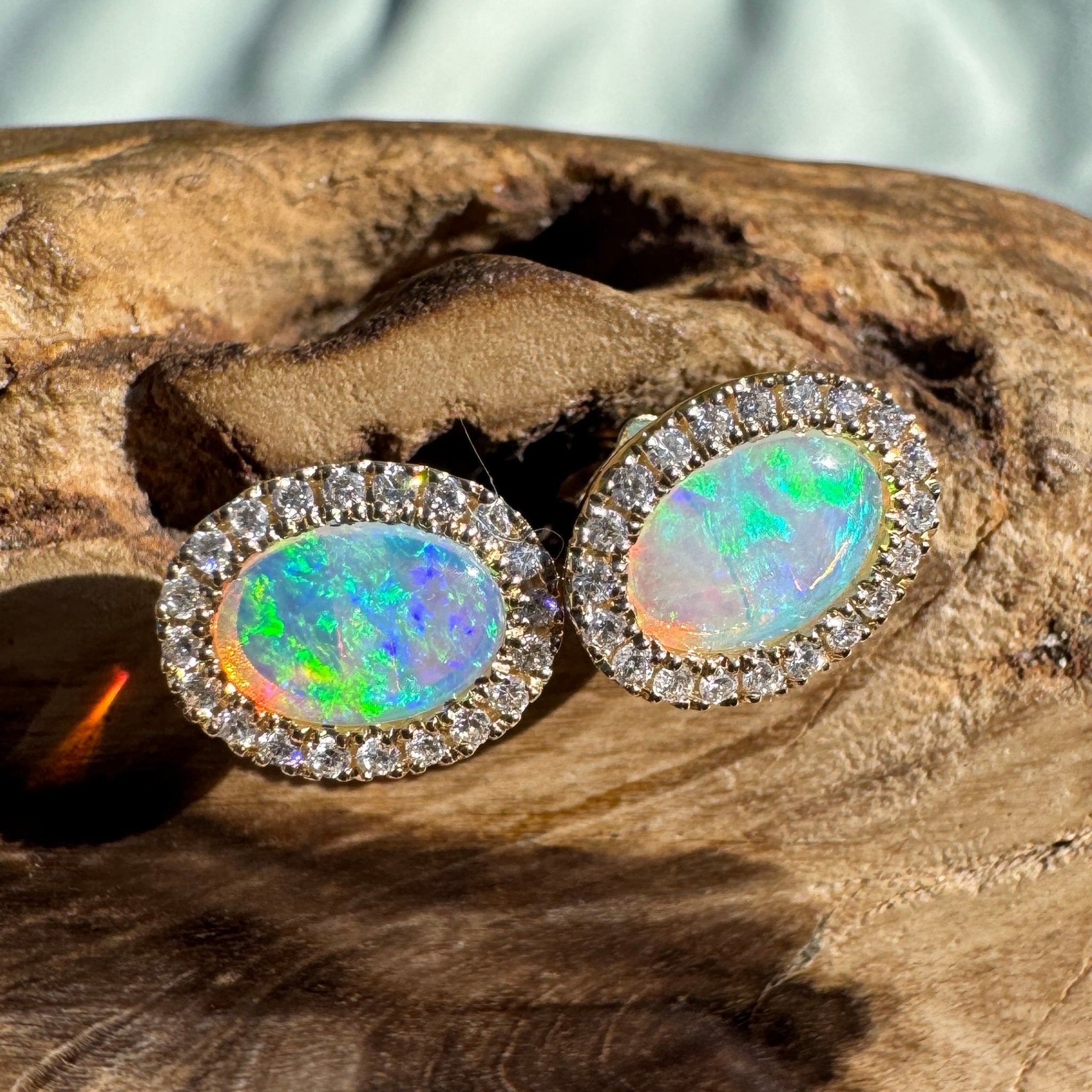 1ct Lightning Ridge Opal Stud Earrings ~ 'Jervis Bay Gleam' | 14ct Yellow Gold | Solid Australian Opal