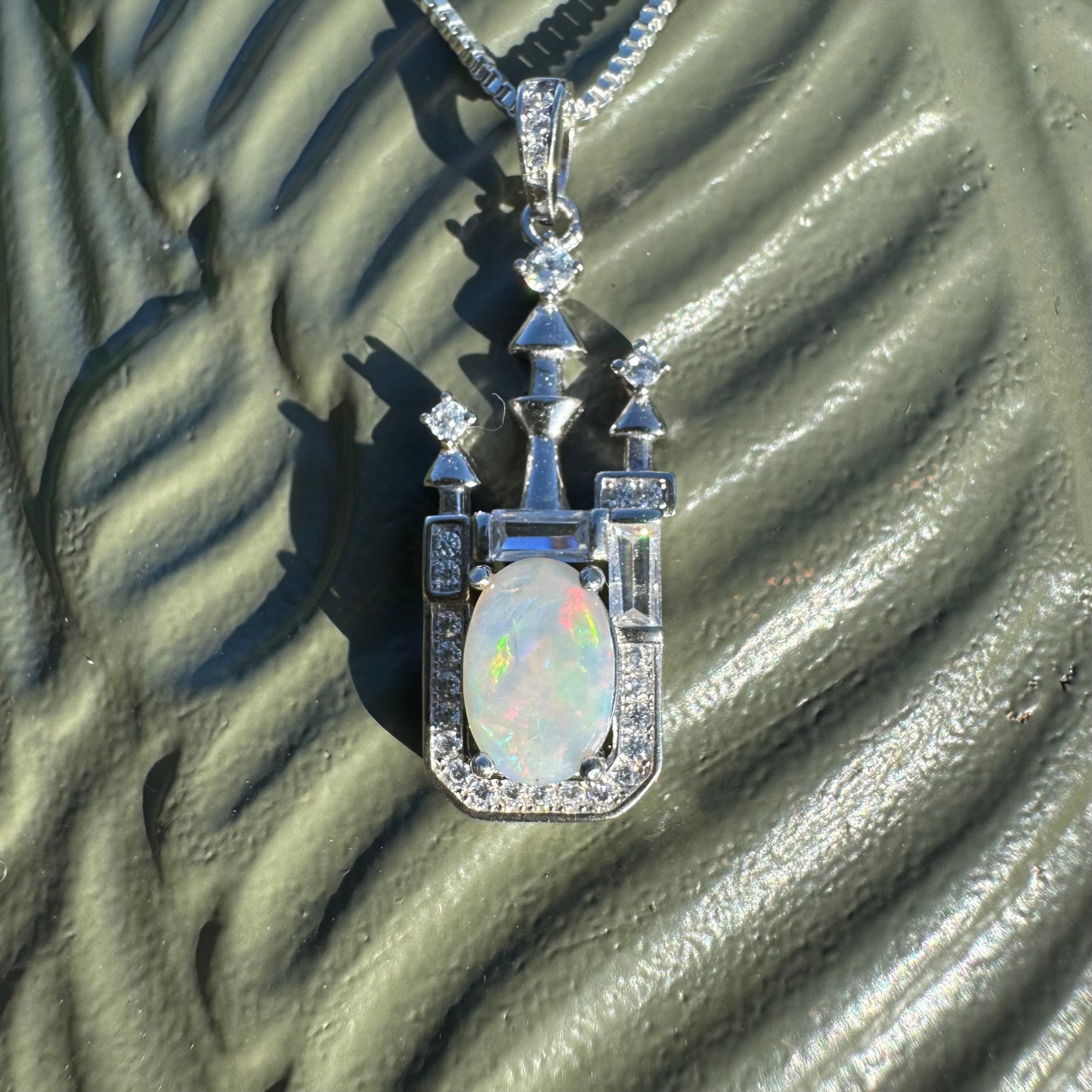 'Castle on the Hill' ~ Handcrafted 1.0ct Solid Lightning Ridge Opal and Cubic Zirconia Sterling Silver Leaf Pendant