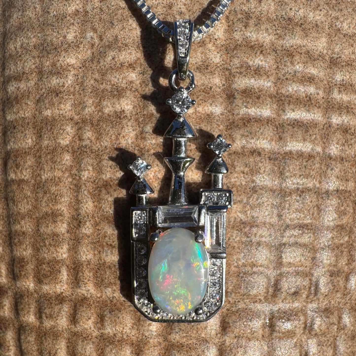 'Castle on the Hill' ~ Handcrafted 1.0ct Solid Lightning Ridge Opal and Cubic Zirconia Sterling Silver Leaf Pendant