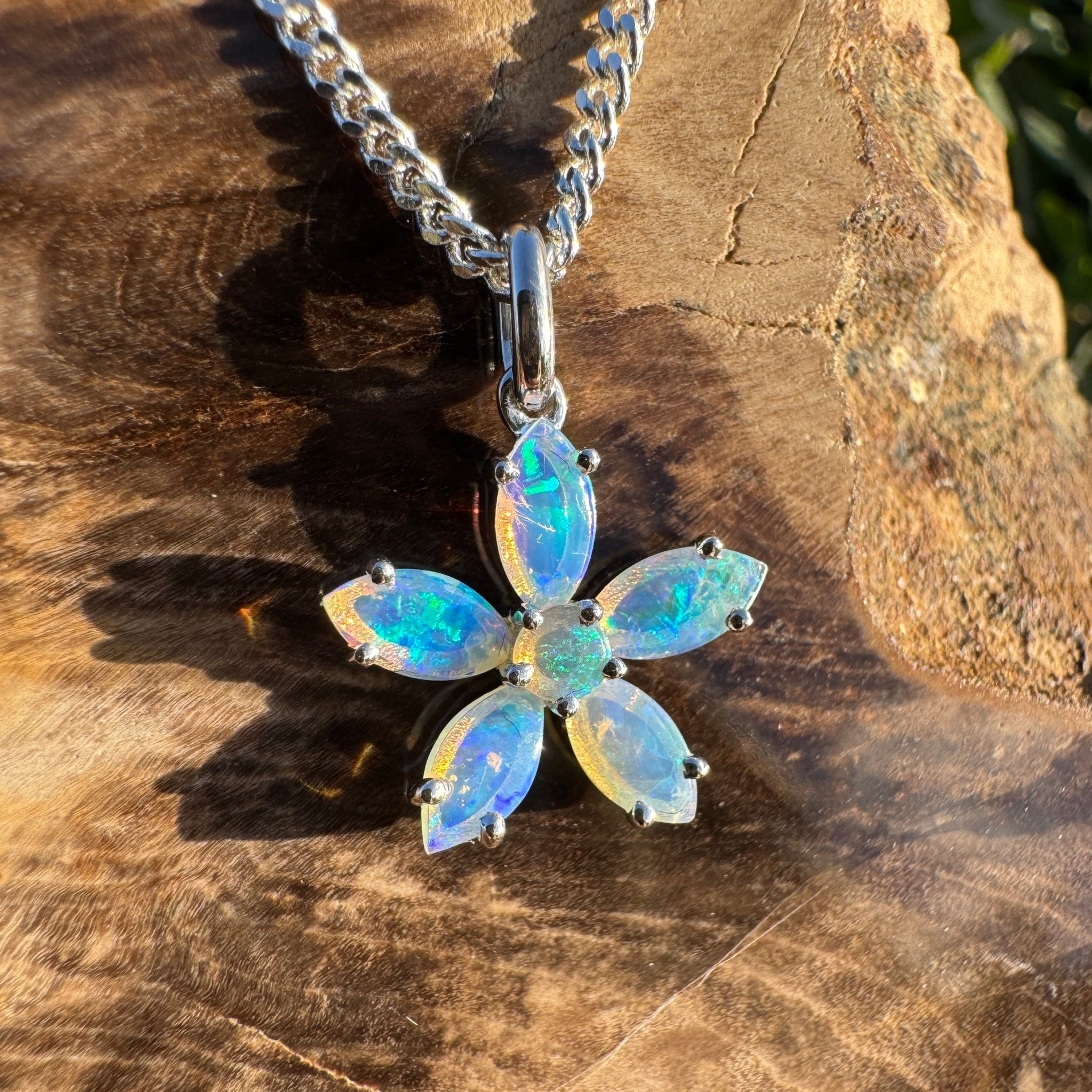 2.1ct Coober Pedy Opal Flower Pendant Necklace ~ 'Kakadu Bloom' | 925 Sterling Silver | Solid Australian Opal
