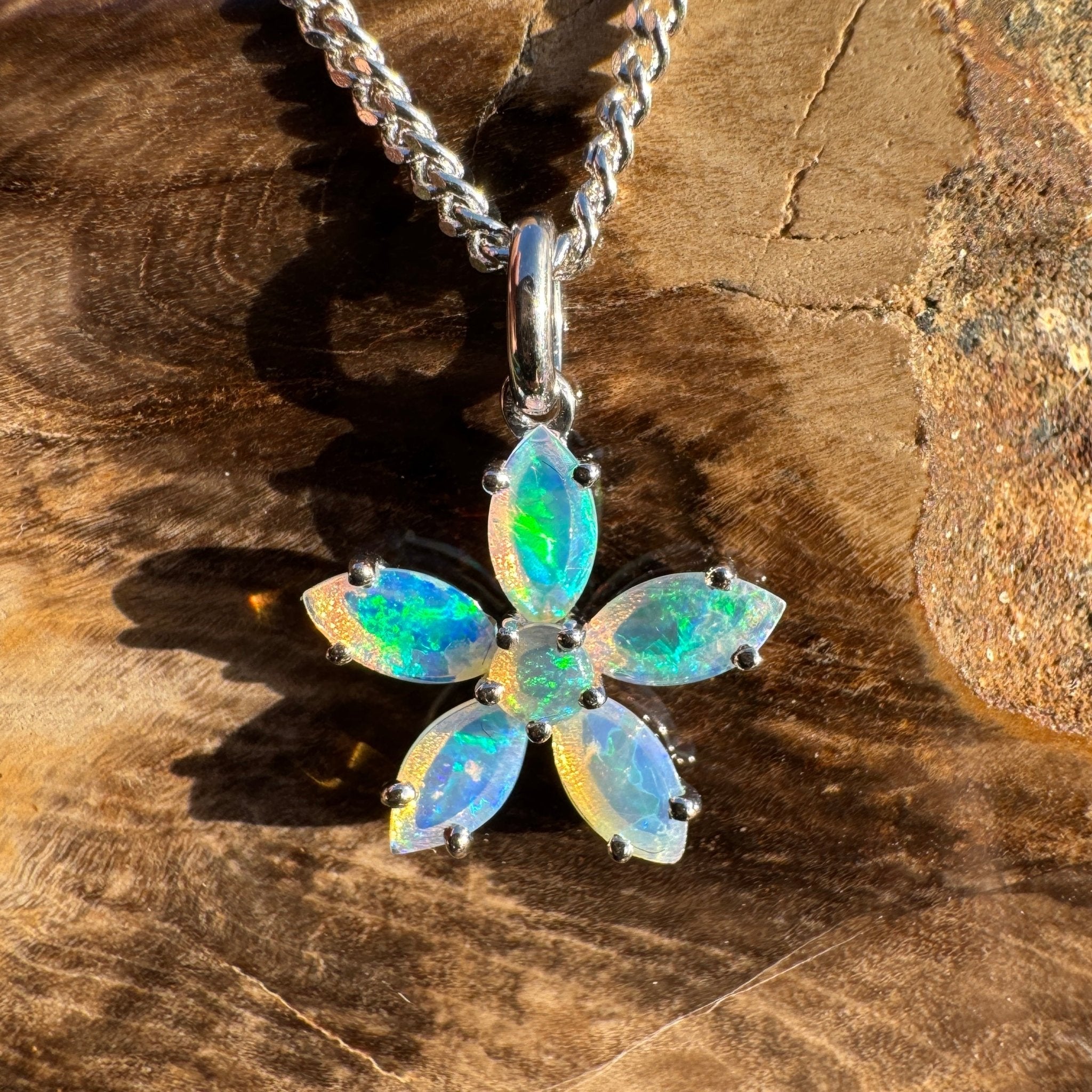 2.1ct Coober Pedy Opal Flower Pendant Necklace ~ 'Kakadu Bloom' | 925 Sterling Silver | Solid Australian Opal