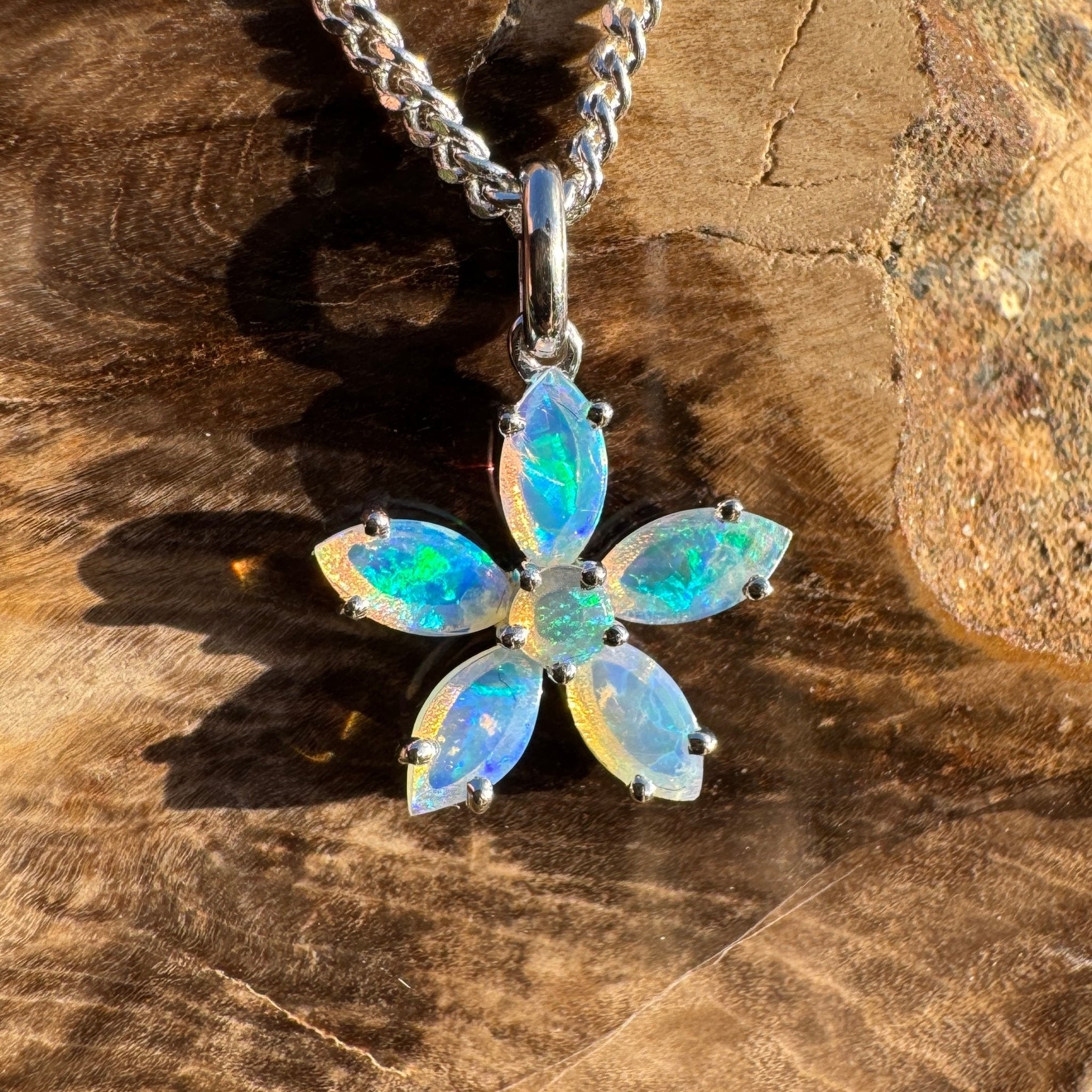 2.1ct Coober Pedy Opal Flower Pendant Necklace ~ 'Kakadu Bloom' | 925 Sterling Silver | Solid Australian Opal