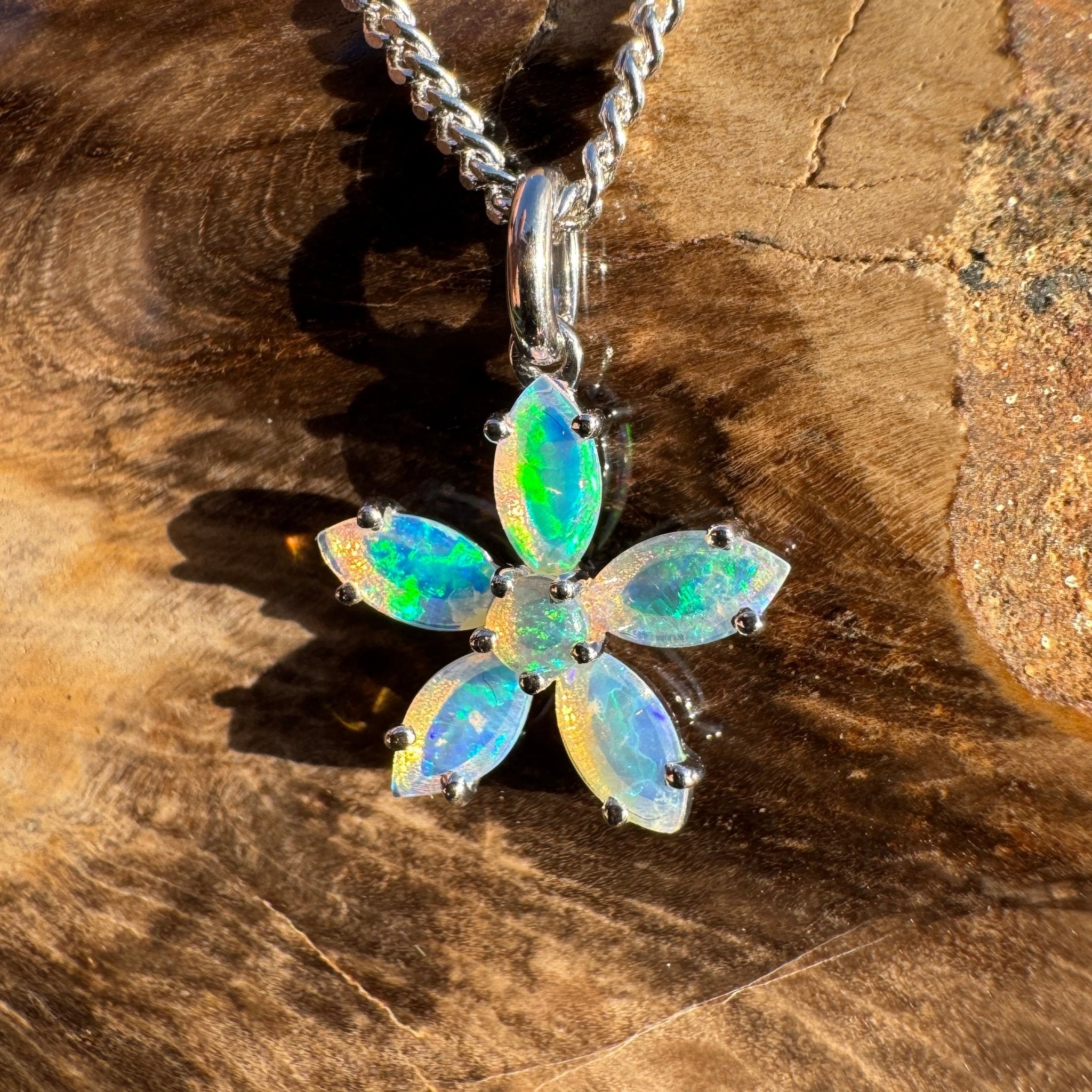 2.1ct Coober Pedy Opal Flower Pendant Necklace ~ 'Kakadu Bloom' | 925 Sterling Silver | Solid Australian Opal
