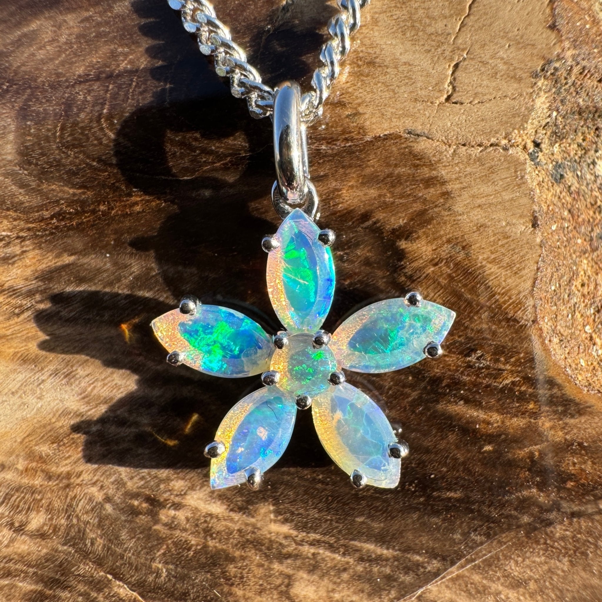 2.1ct Coober Pedy Opal Flower Pendant Necklace ~ 'Kakadu Bloom' | 925 Sterling Silver | Solid Australian Opal