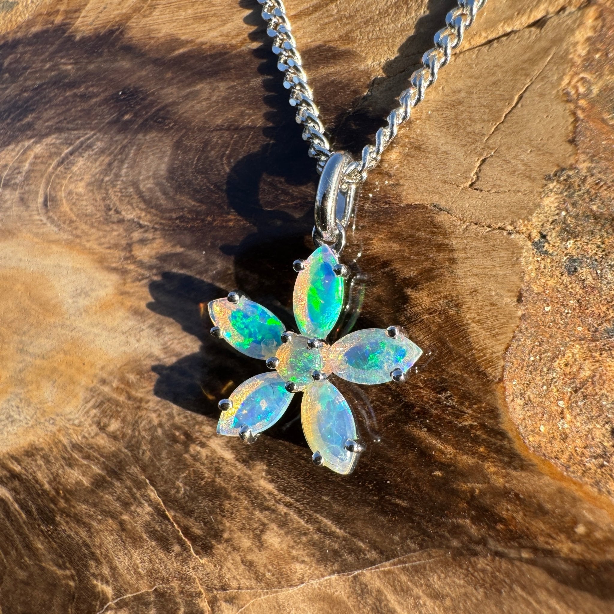 2.1ct Coober Pedy Opal Flower Pendant Necklace ~ 'Kakadu Bloom' | 925 Sterling Silver | Solid Australian Opal