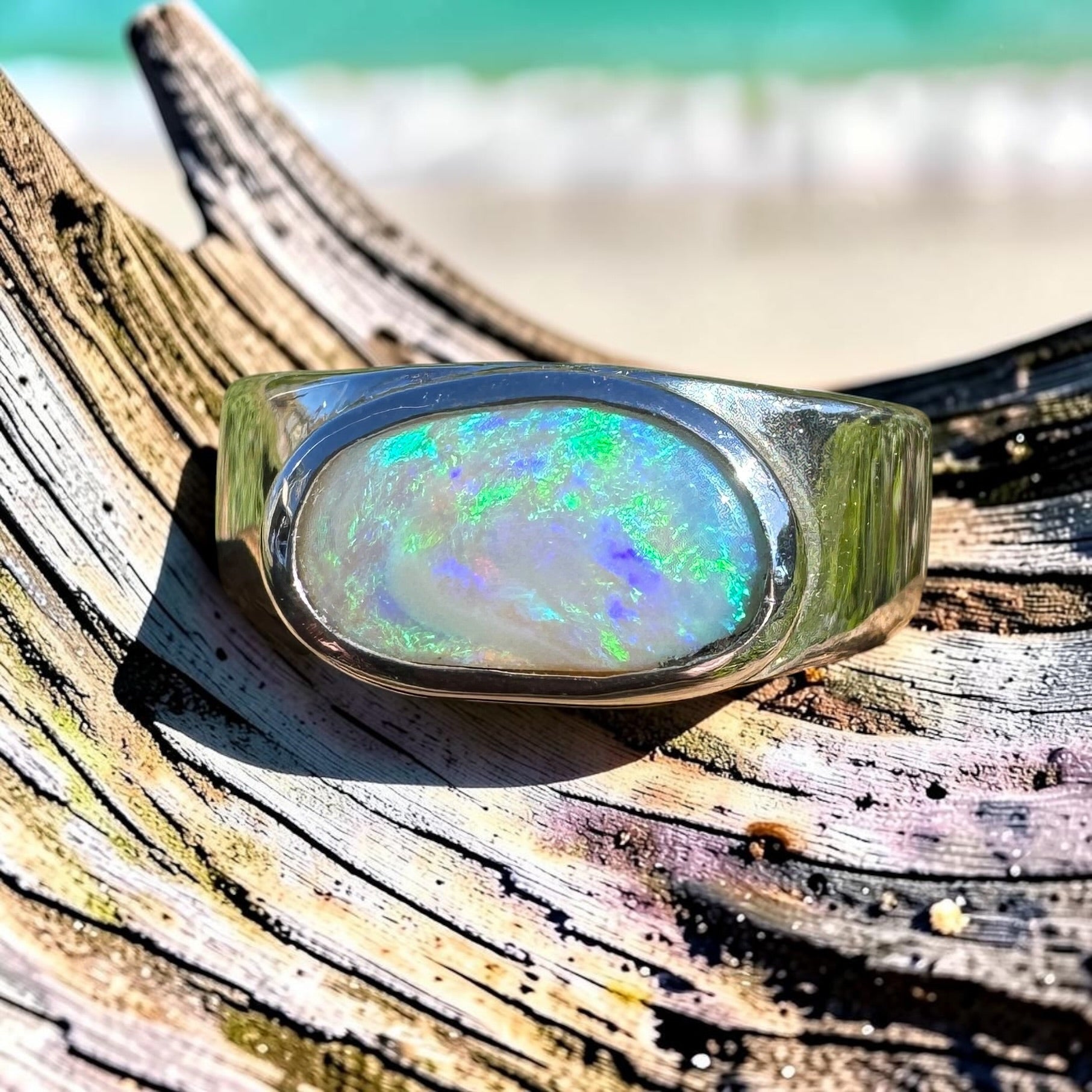 2.4ct Lightning Ridge Opal Ring ~ 'Hyams Beach Green' | 925 Sterling Silver | Solid Australian Opal