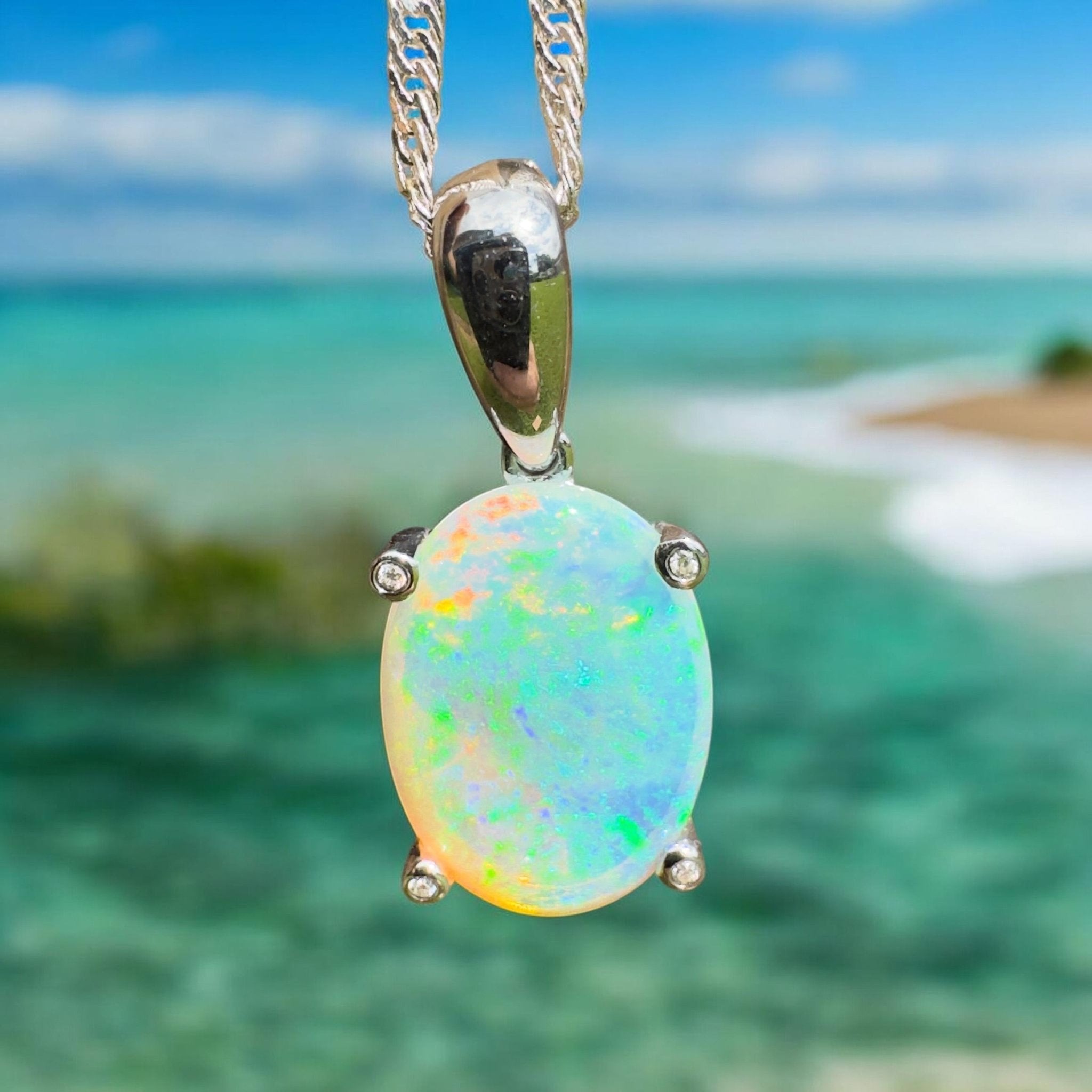 2.5ct Coober Pedy Crystal Opal Pendant Necklace ~ 'Turquoise Bay Current' | 925 Sterling Silver | Solid Australian Opal