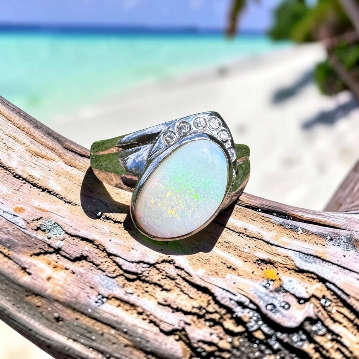 2.5ct Coober Pedy Opal & Cubic Zirconia Ring ~ 'Mount Field Greens' | 925 Sterling Silver | Solid Australian Opal
