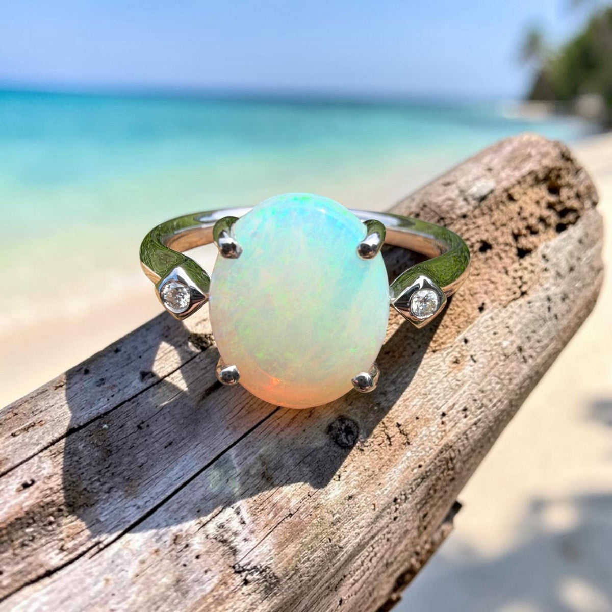 2.7ct Coober Pedy Opal & Diamond Ring ~ 'Whitehaven Shallows' | 925 Sterling Silver | Solid Australian Opal
