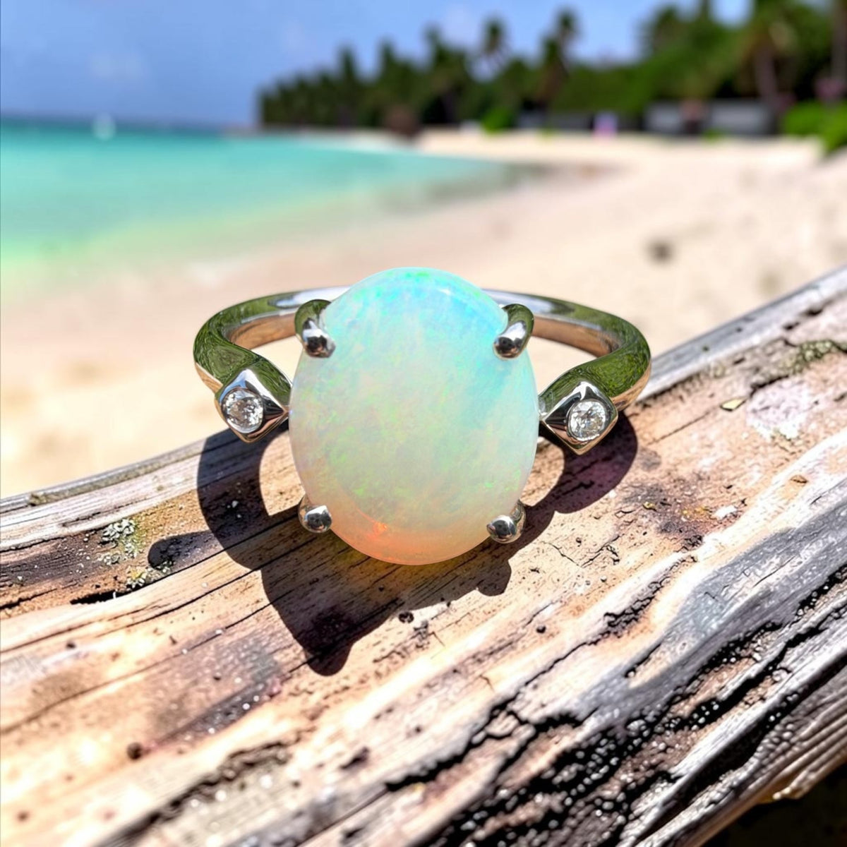 2.7ct Coober Pedy Opal & Diamond Ring ~ 'Whitehaven Shallows' | 925 Sterling Silver | Solid Australian Opal