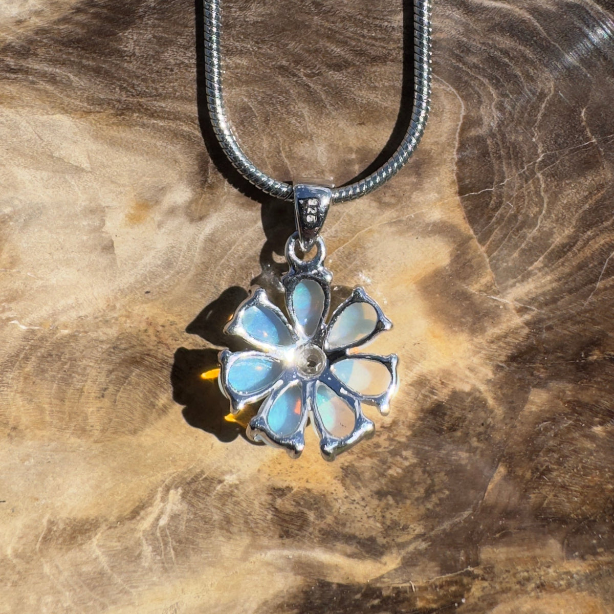 2.8ct Coober Pedy Opal Flower Pendant Necklace ~ 'Maroubra Bloom' | 925 Sterling Silver | Solid Australian Opal