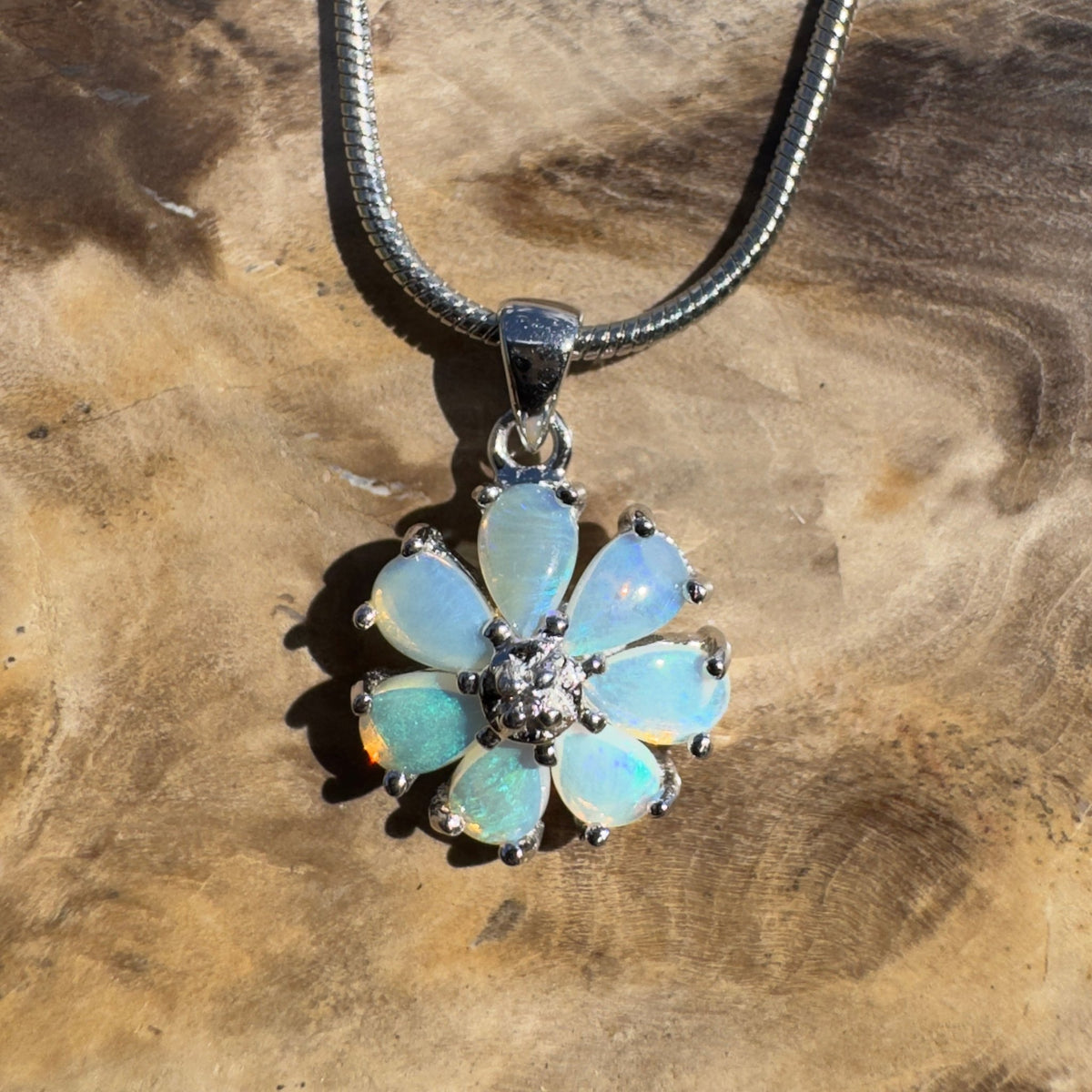 2.8ct Coober Pedy Opal Flower Pendant Necklace ~ 'Maroubra Bloom' | 925 Sterling Silver | Solid Australian Opal