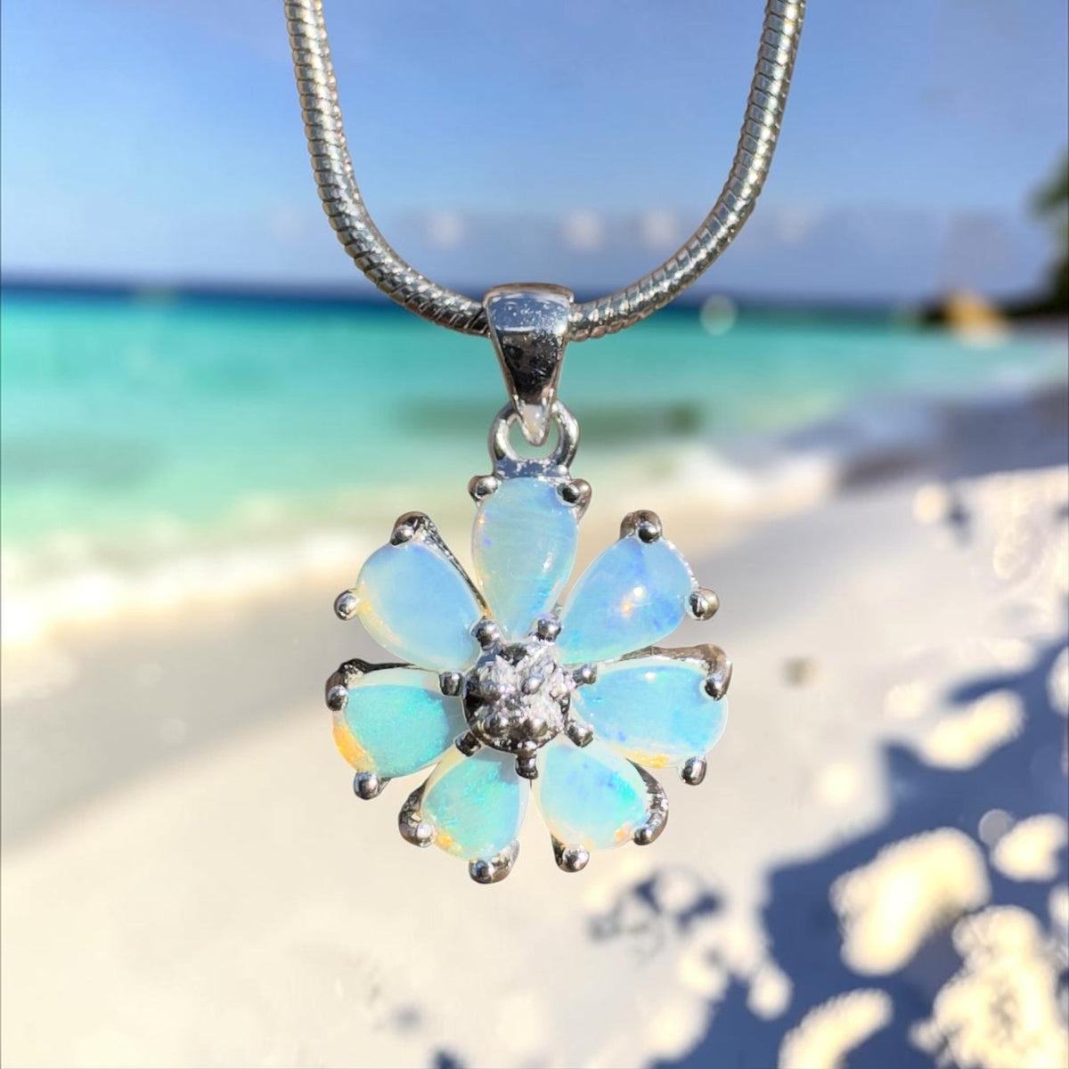2.8ct Coober Pedy Opal Flower Pendant Necklace ~ 'Maroubra Bloom' | 925 Sterling Silver | Solid Australian Opal