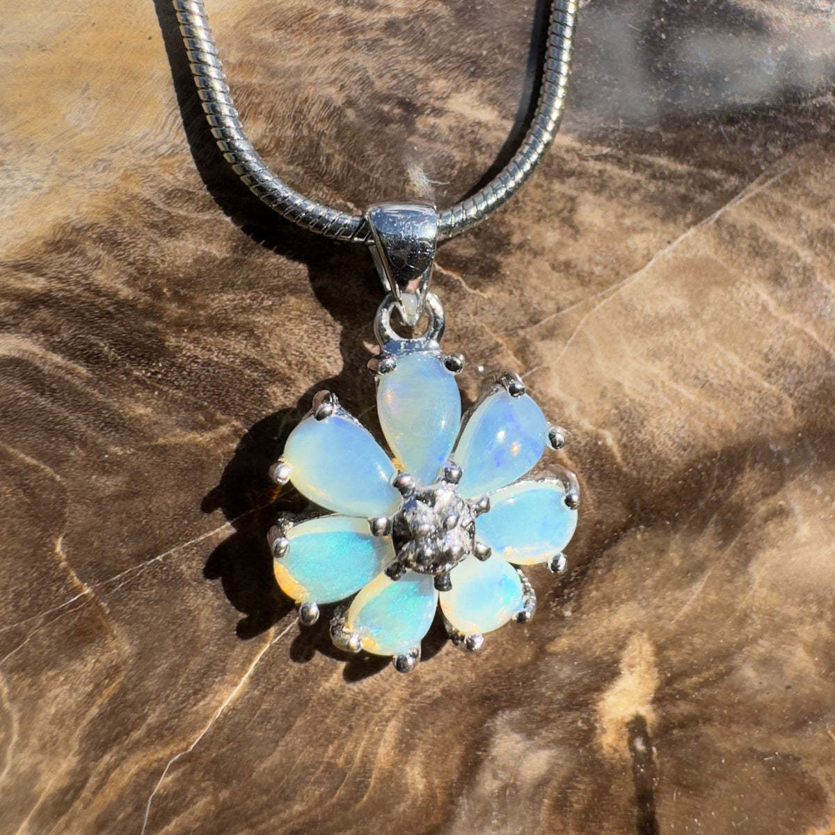 2.8ct Coober Pedy Opal Flower Pendant Necklace ~ 'Maroubra Bloom' | 925 Sterling Silver | Solid Australian Opal