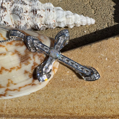 'Eternal Grace' ~ Handcrafted 0.6ct Solid Lightning Ridge Opal and Cubic Zirconia Sterling Silver Cross Pendant