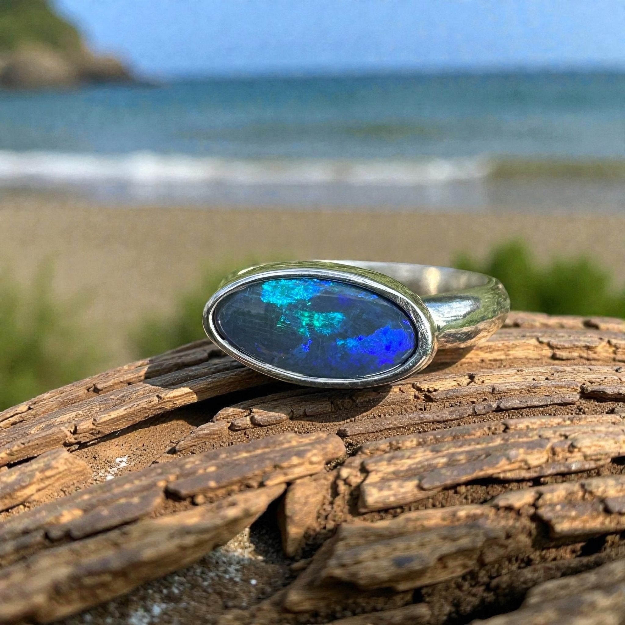 2ct Lightning Ridge Semi Black Opal Ring ~ 'Midnight at the Ridge' | 925 Sterling Silver | Solid Australian Opal