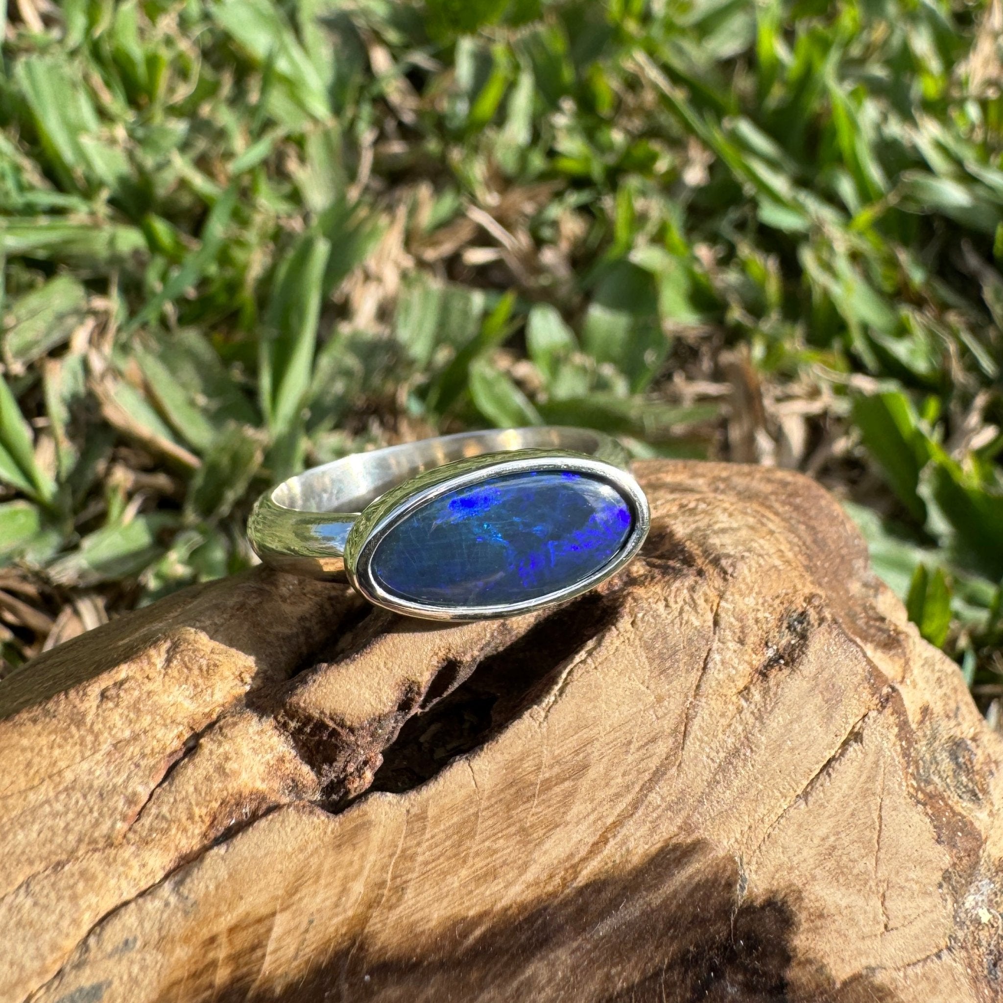 2ct Lightning Ridge Semi Black Opal Ring ~ 'Midnight at the Ridge' | 925 Sterling Silver | Solid Australian Opal