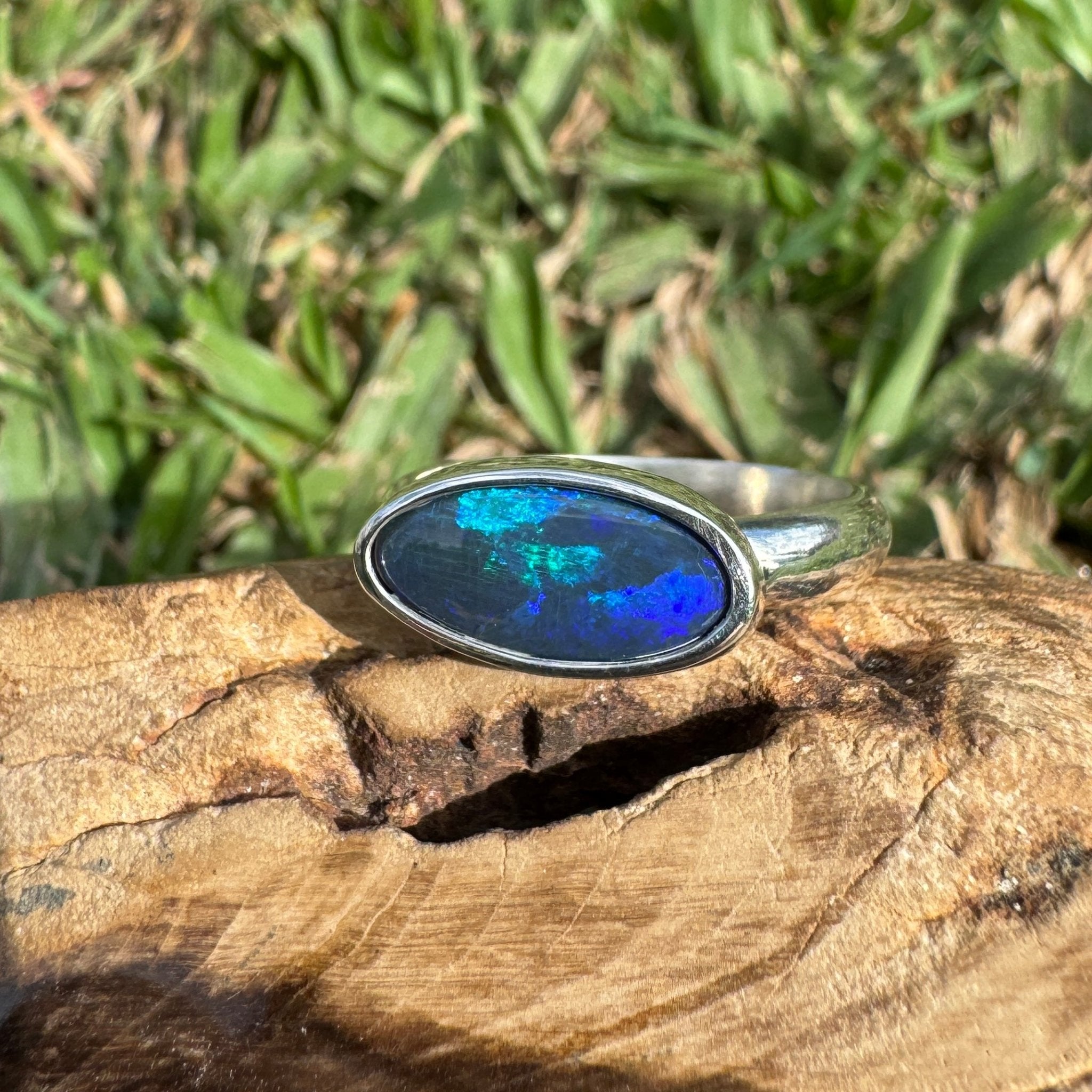 2ct Lightning Ridge Semi Black Opal Ring ~ 'Midnight at the Ridge' | 925 Sterling Silver | Solid Australian Opal