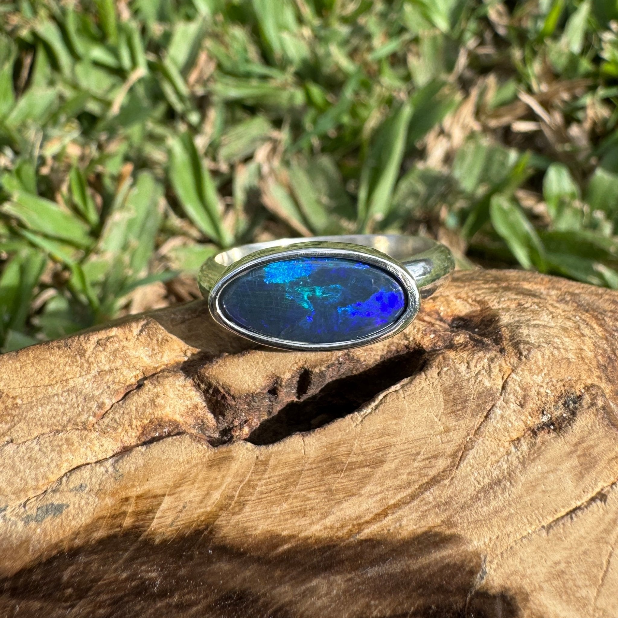 2ct Lightning Ridge Semi Black Opal Ring ~ 'Midnight at the Ridge' | 925 Sterling Silver | Solid Australian Opal