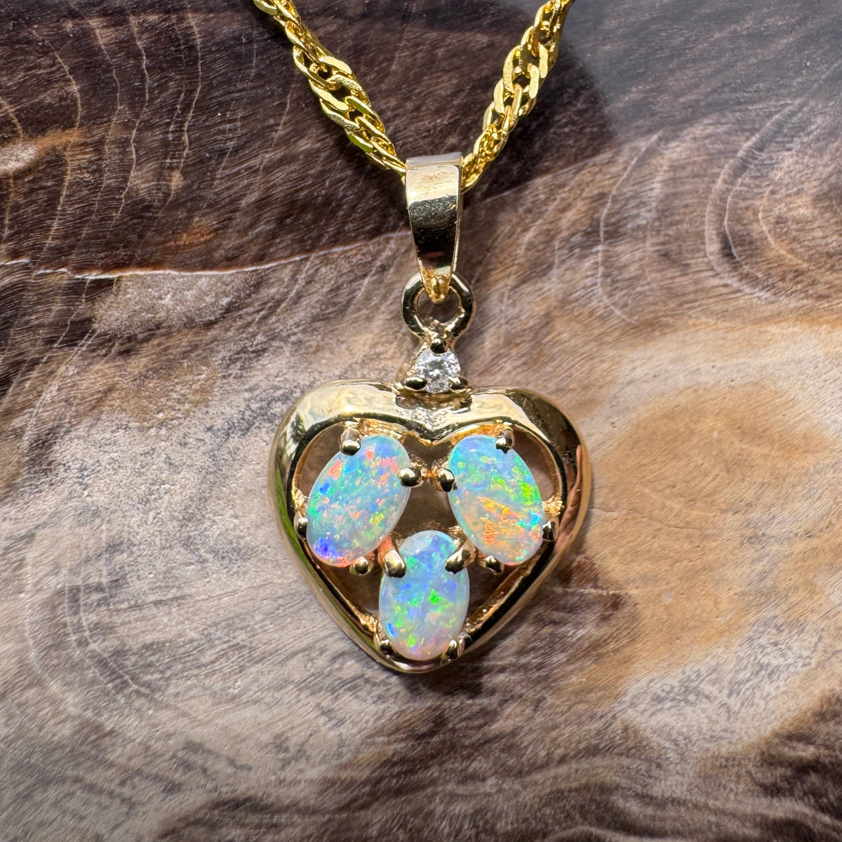 0.5ct Coober Pedy Opal & Diamond Heart Pendant Necklace ~ 'Hanging Rock Heart' | 14ct Yellow Gold | Solid Australian Opal