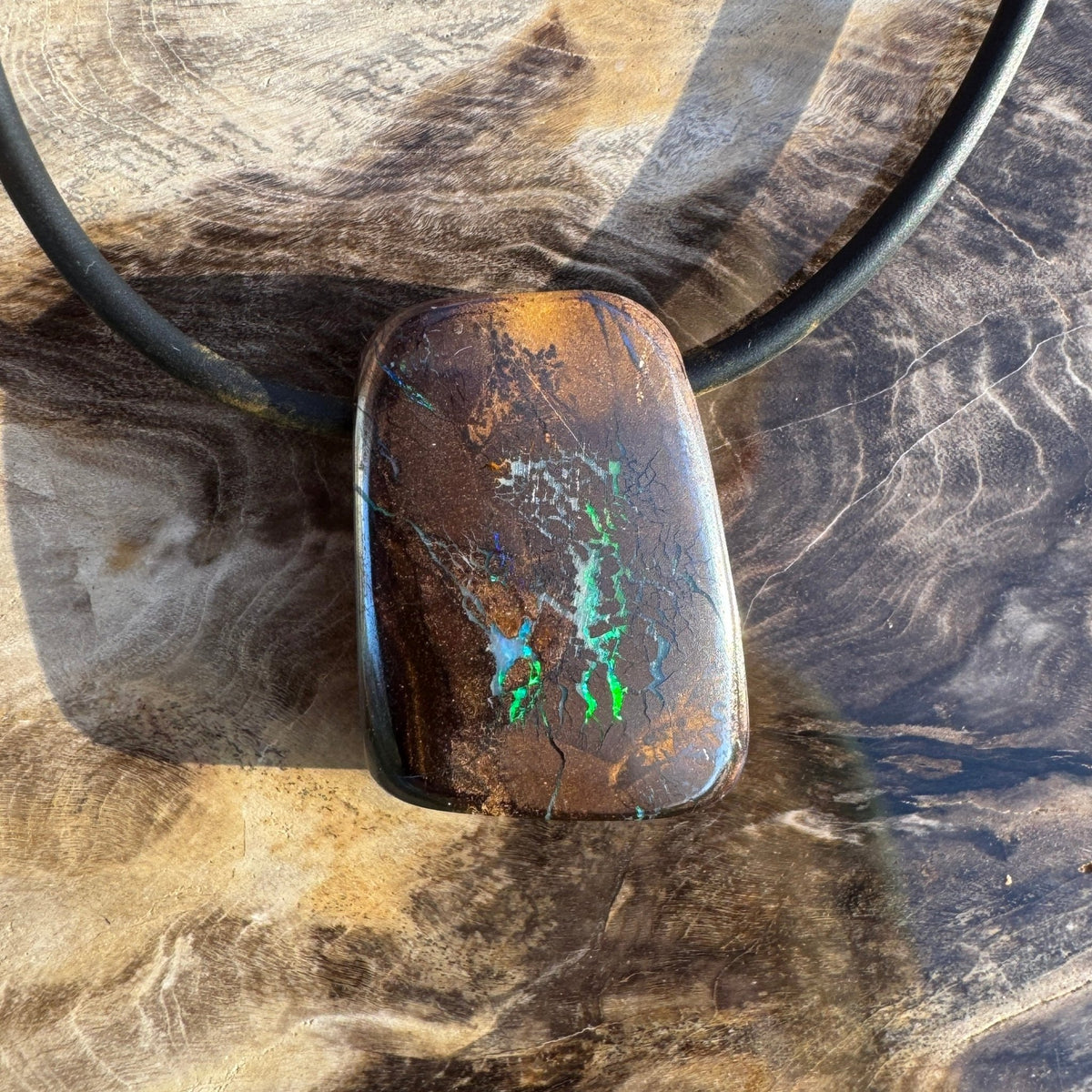 34ct Queensland Boulder Opal Pendant Necklace ~ 'Kimberley Boulder' | Neoprene Leather with 925 Silver Clasps | Solid Australian Opal
