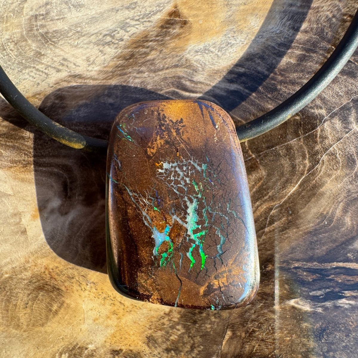 34ct Queensland Boulder Opal Pendant Necklace ~ 'Kimberley Boulder' | Neoprene Leather with 925 Silver Clasps | Solid Australian Opal