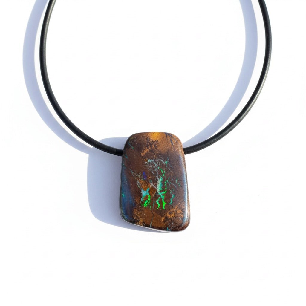 34ct Queensland Boulder Opal Pendant Necklace ~ 'Kimberley Boulder' | Neoprene Leather with 925 Silver Clasps | Solid Australian Opal