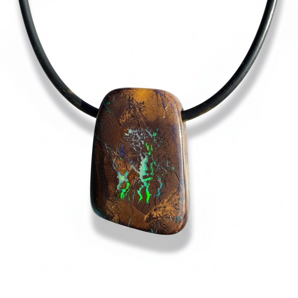 34ct Queensland Boulder Opal Pendant Necklace ~ 'Kimberley Boulder' | Neoprene Leather with 925 Silver Clasps | Solid Australian Opal
