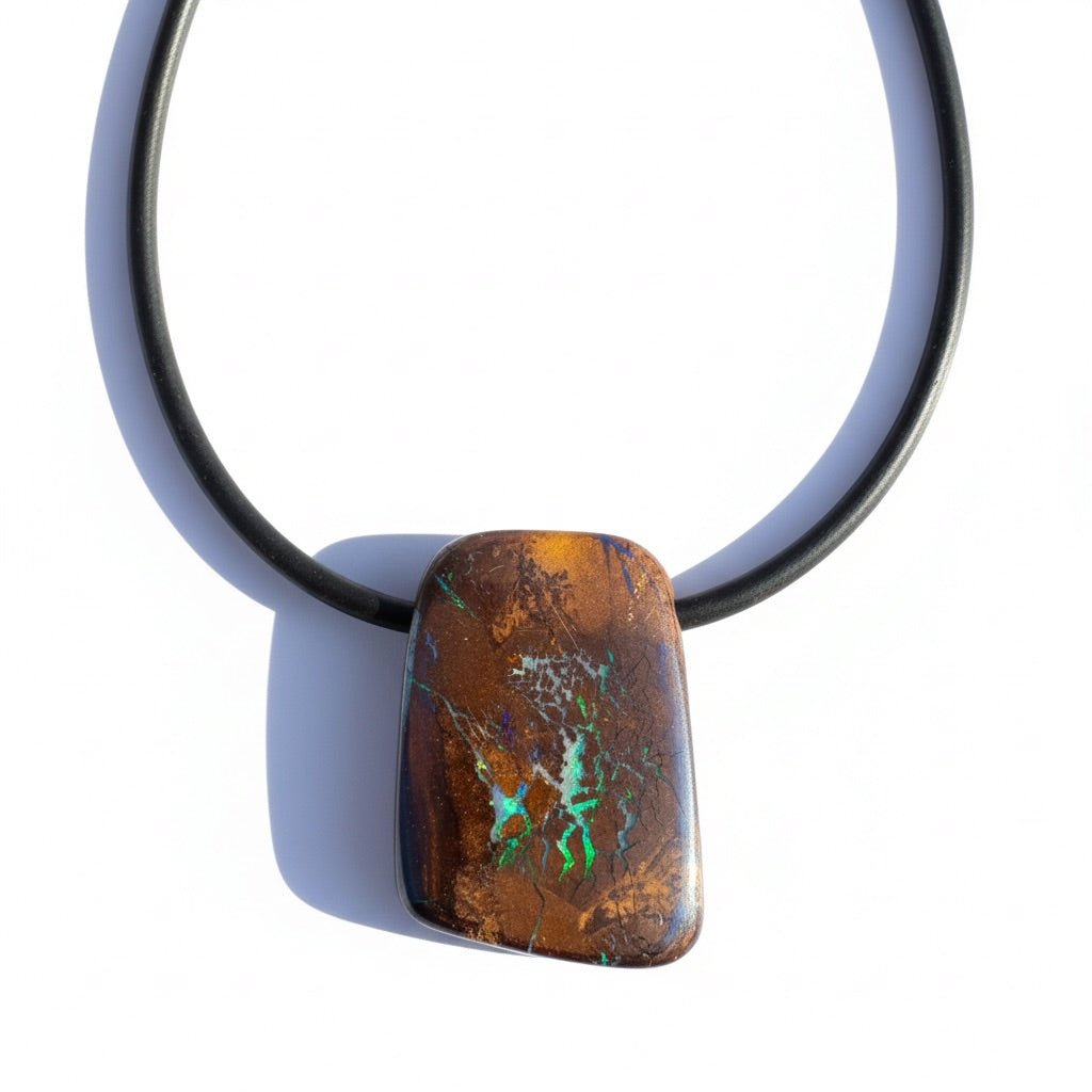 34ct Queensland Boulder Opal Pendant Necklace ~ 'Kimberley Boulder' | Neoprene Leather with 925 Silver Clasps | Solid Australian Opal