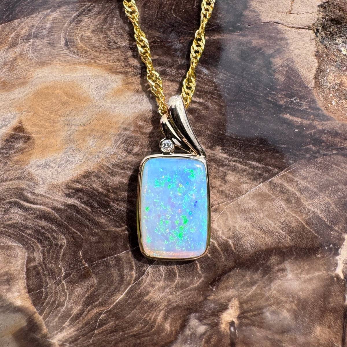 3.5ct Coober Pedy Crystal Opal & Diamond Pendant Necklace ~ 'Esperance Glow' | 14ct Yellow Gold | Solid Australian Opal