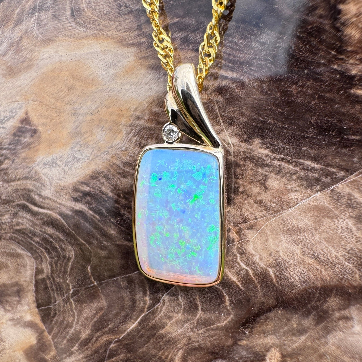 3.5ct Coober Pedy Crystal Opal & Diamond Pendant Necklace ~ 'Esperance Glow' | 14ct Yellow Gold | Solid Australian Opal