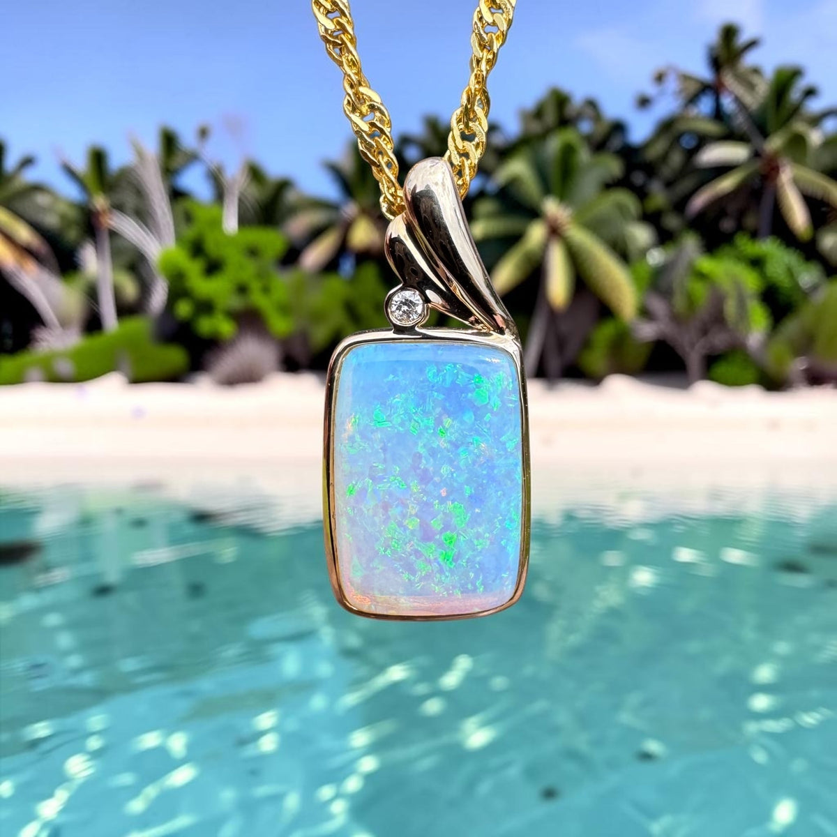3.5ct Coober Pedy Crystal Opal & Diamond Pendant Necklace ~ 'Esperance Glow' | 14ct Yellow Gold | Solid Australian Opal