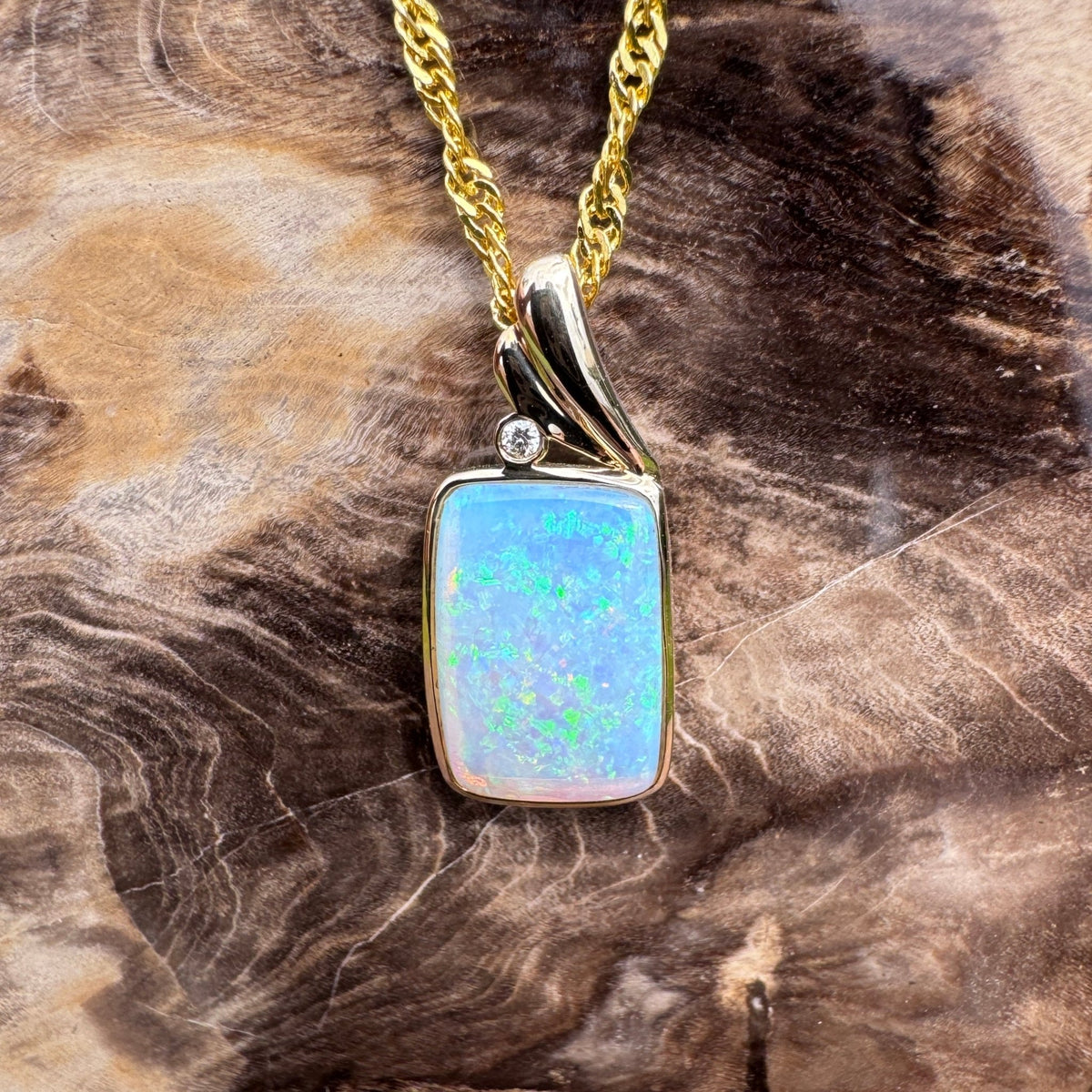 3.5ct Coober Pedy Crystal Opal & Diamond Pendant Necklace ~ 'Esperance Glow' | 14ct Yellow Gold | Solid Australian Opal