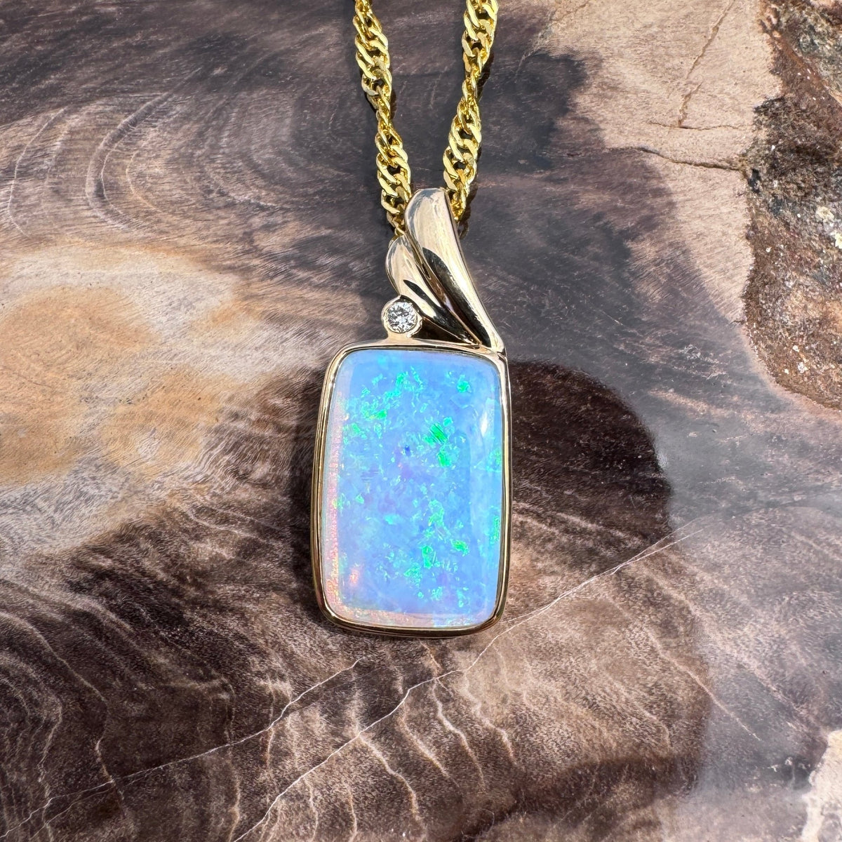 3.5ct Coober Pedy Crystal Opal & Diamond Pendant Necklace ~ 'Esperance Glow' | 14ct Yellow Gold | Solid Australian Opal